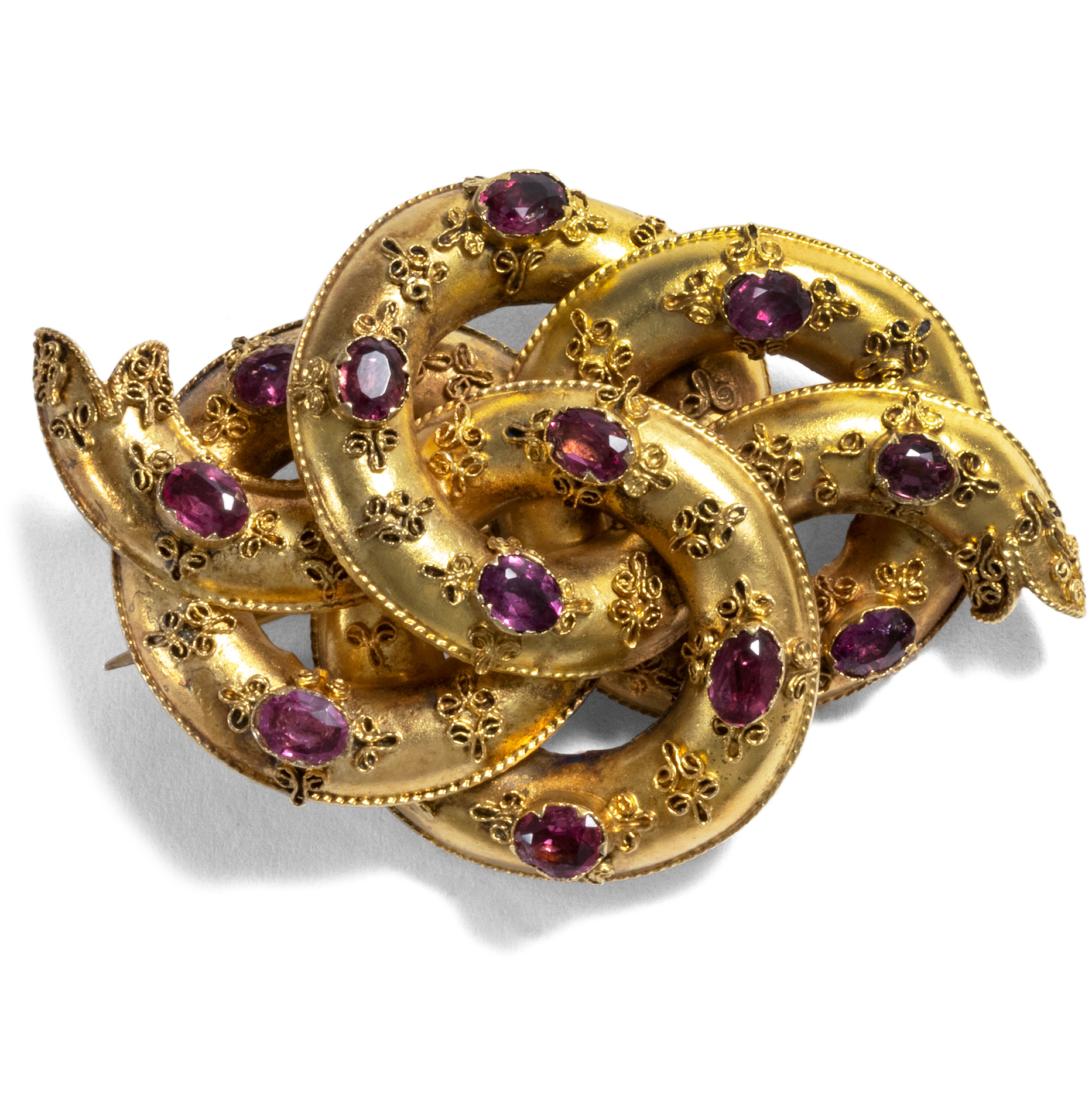 Antique Lover's Knot Brooch in Gold & Rhodolithe, England ca. 1850