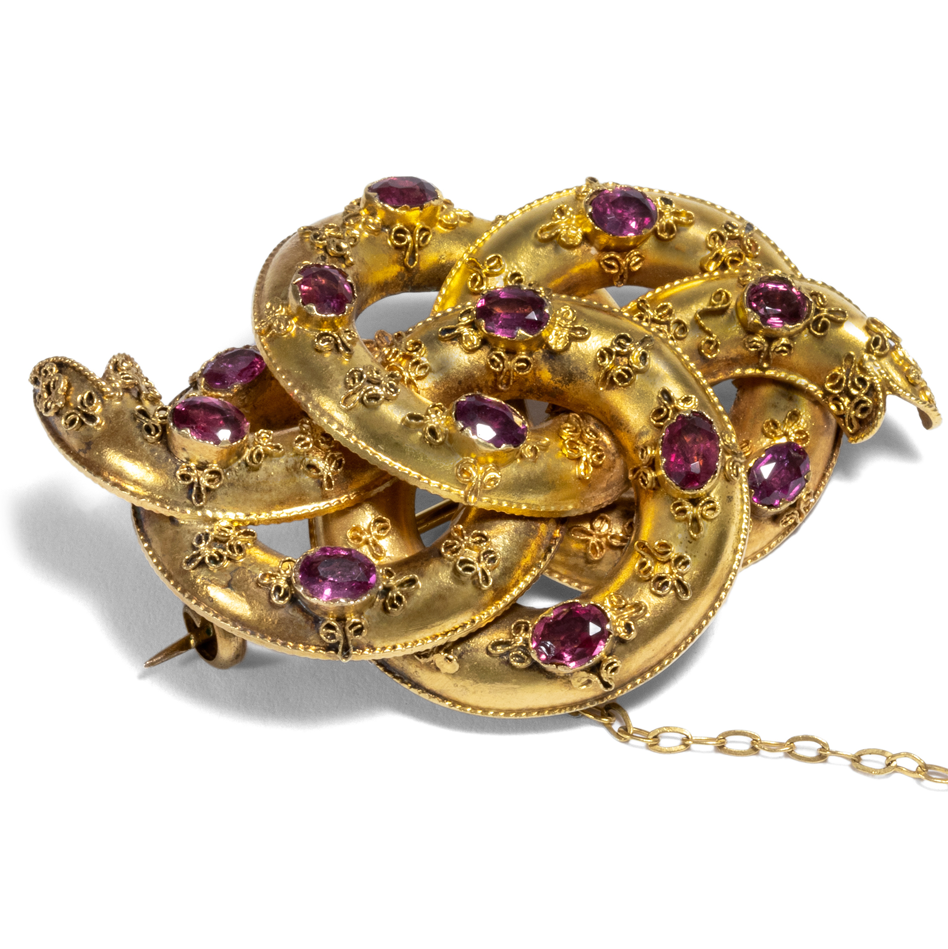 Antique Lover's Knot Brooch in Gold & Rhodolithe, England ca. 1850