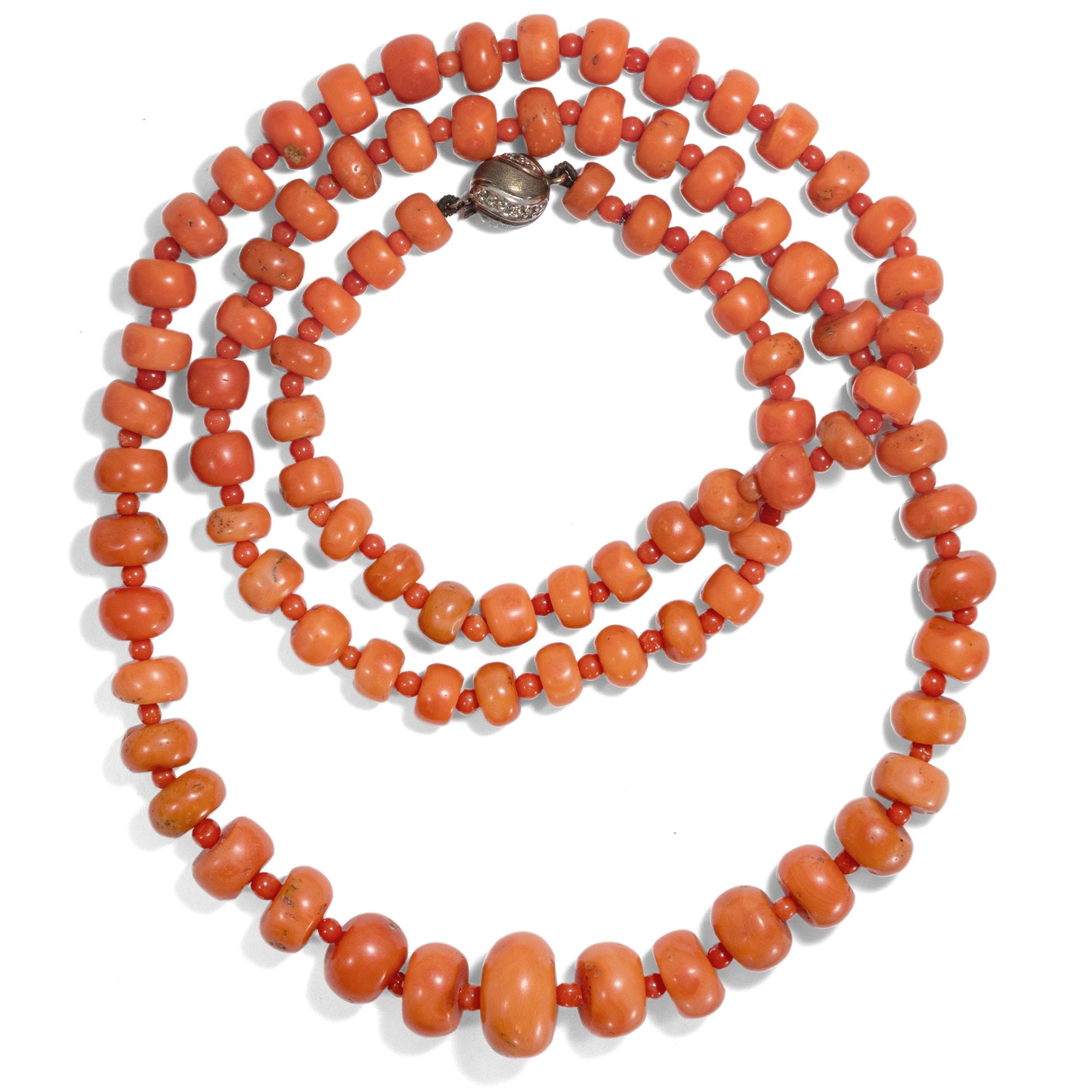 Long necklace made from antique Mediterranean coral, restrung