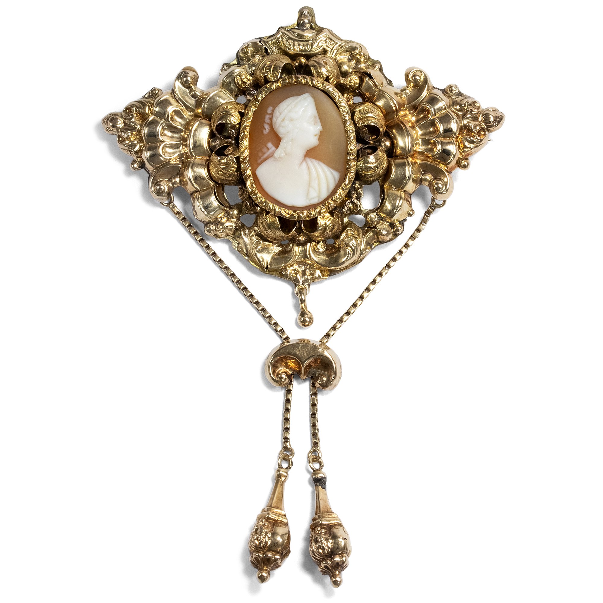 Biedermeier Antique „Foam Gold“ Brooch With Shell Cameo, Around 1845