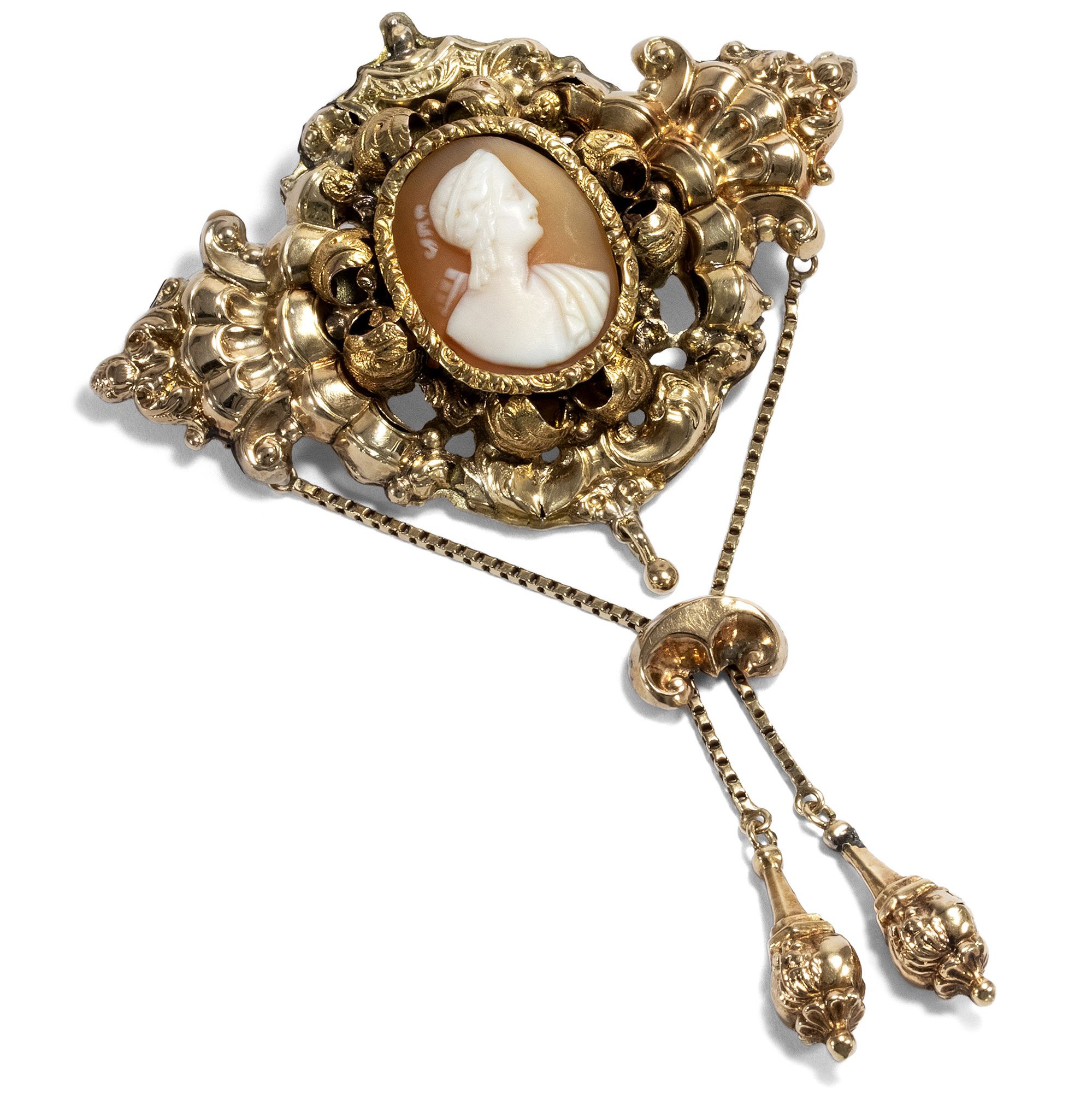 Biedermeier Antique „Foam Gold“ Brooch With Shell Cameo, Around 1845