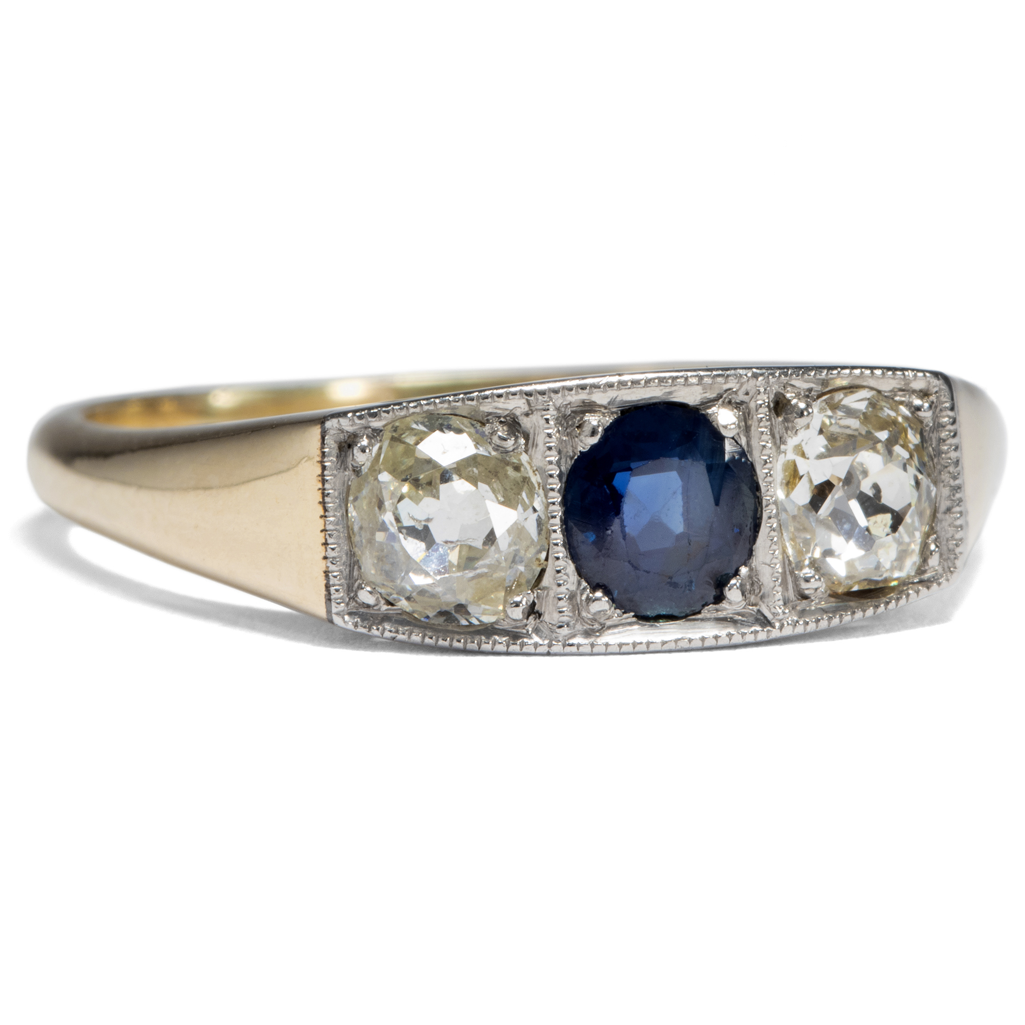 Wonderful Antique Trilogy Ring With Sapphire & Diamonds, Gold & Platinum Around 1925