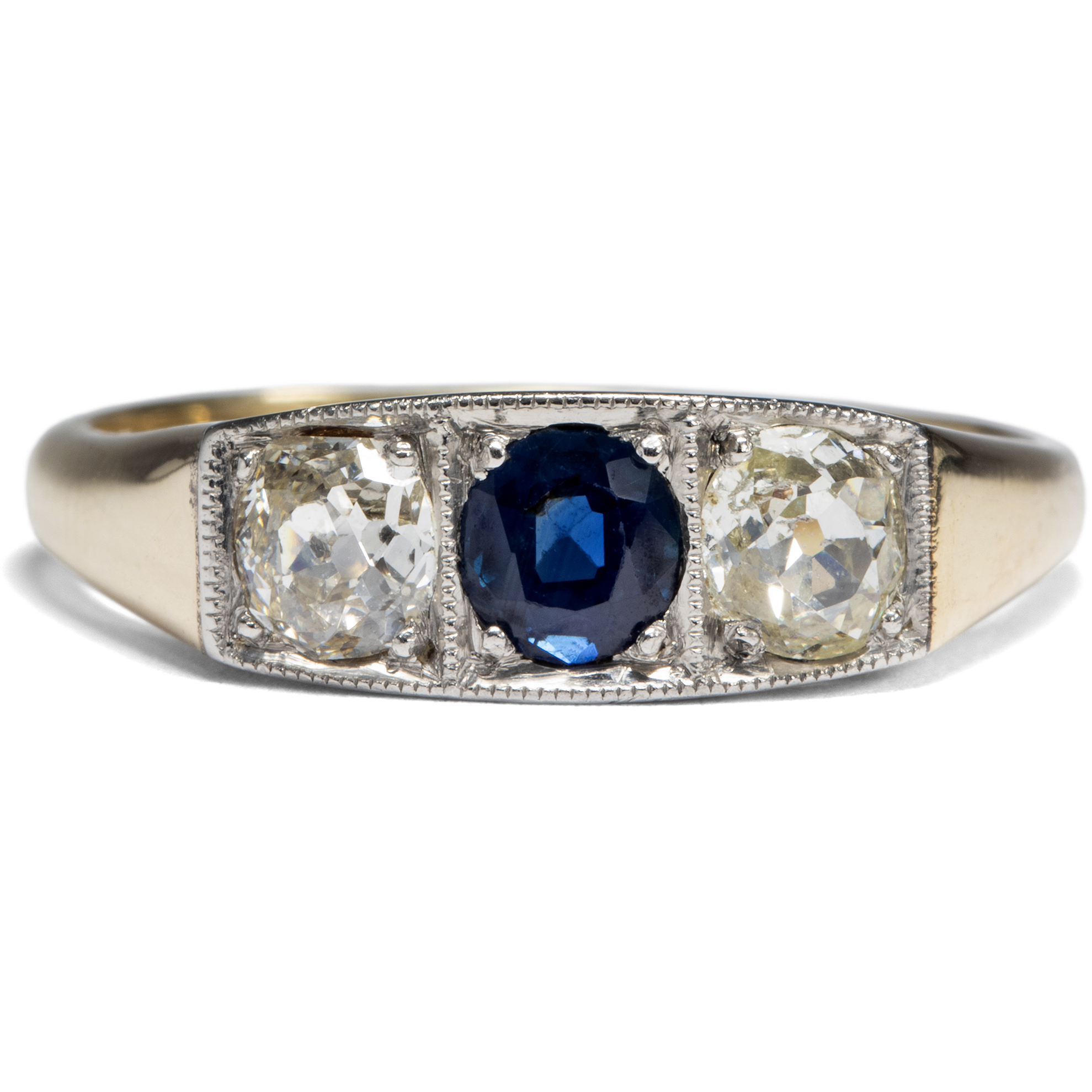 Wonderful Antique Trilogy Ring With Sapphire & Diamonds, Gold & Platinum Around 1925