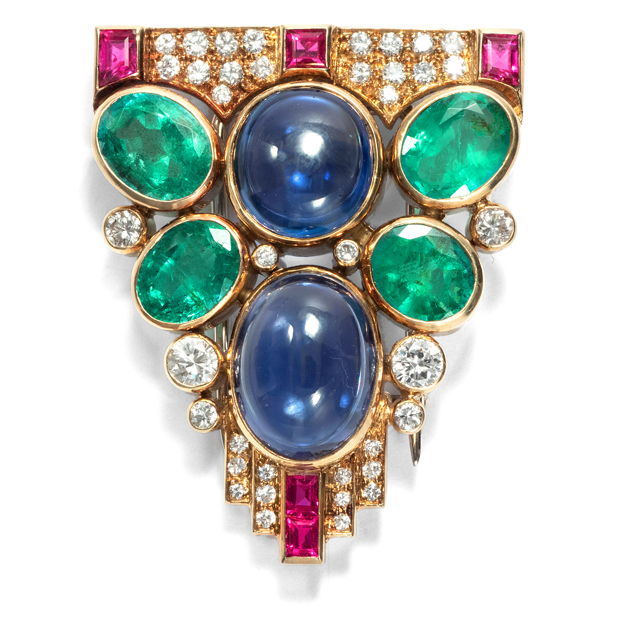 Splendid vintage clip brooch with rubies, sapphires and emeralds, around 1990