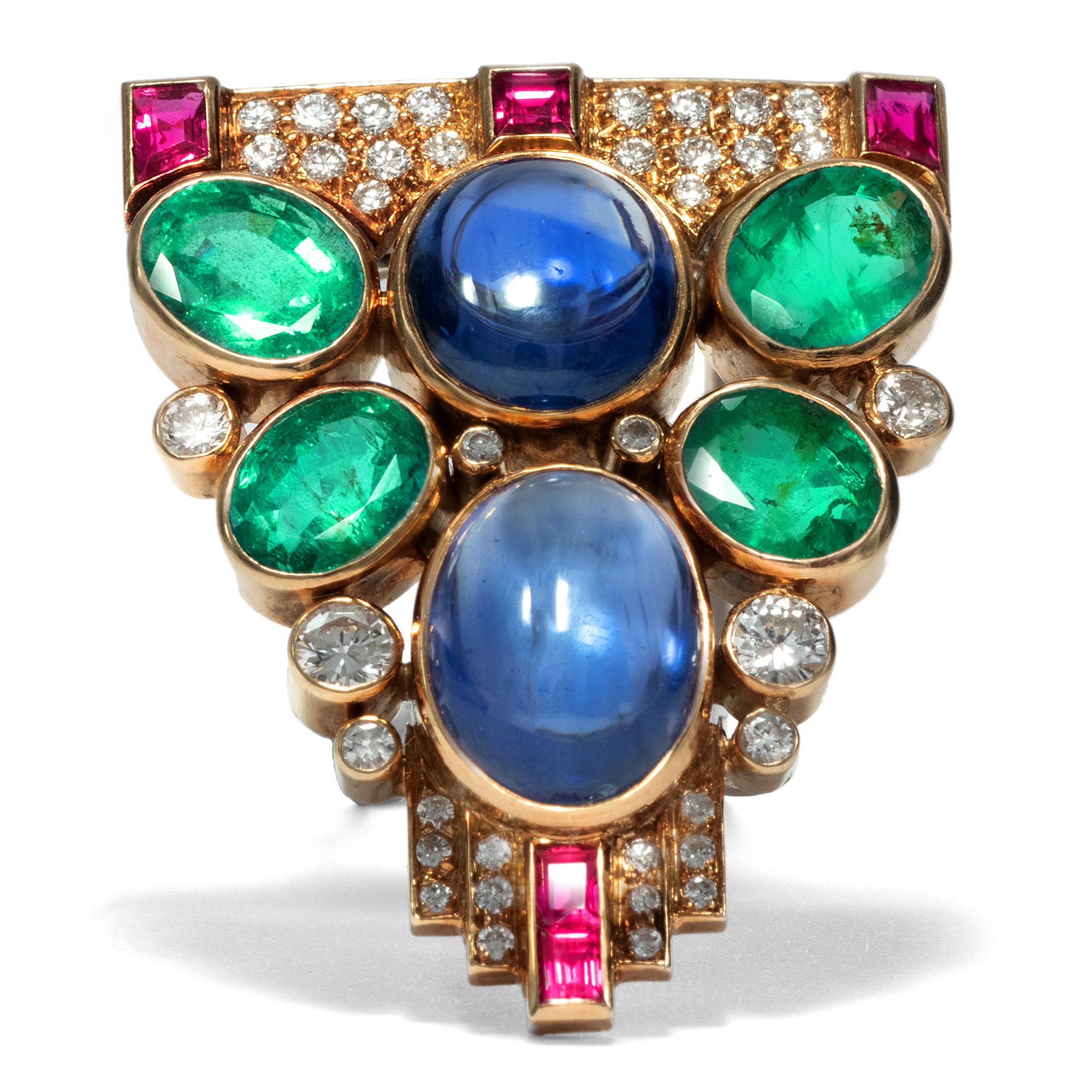 Splendid vintage clip brooch with rubies, sapphires and emeralds, around 1990