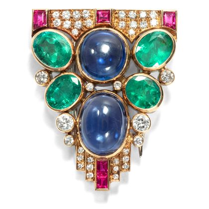 Splendid vintage clip brooch with rubies, sapphires and emeralds, around 1990 Splendid vintage clip brooch with rubies, sapphires and emeralds, around 1990