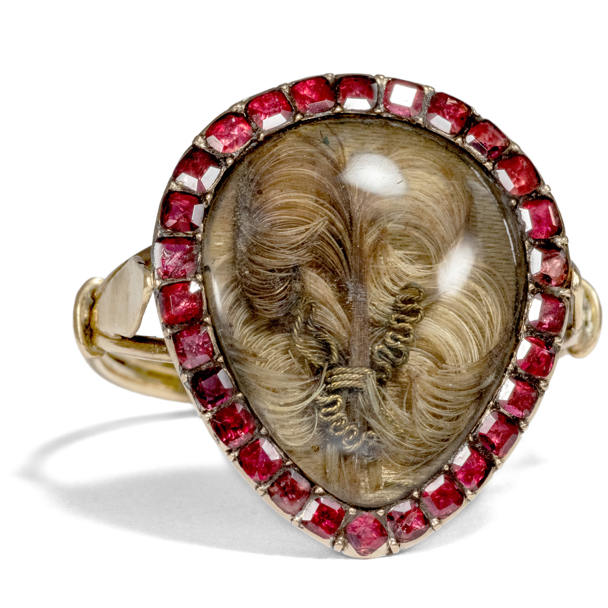 Romantic Ring With Garnets & Hair Under Rock Crystal, Around 1780 & Later