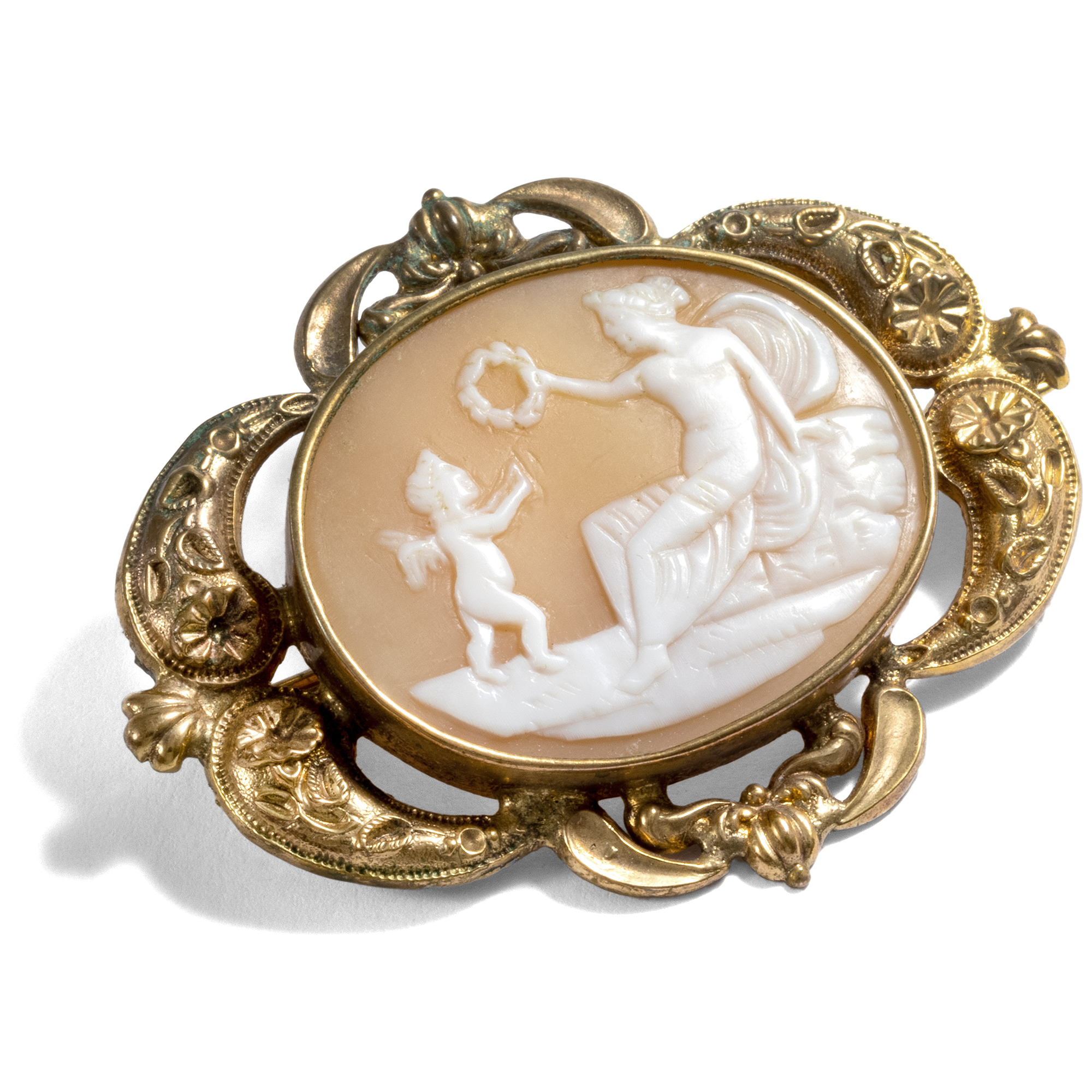 Antike Muschelgemme des Biedermeier mit Venus & Amor, um 1840