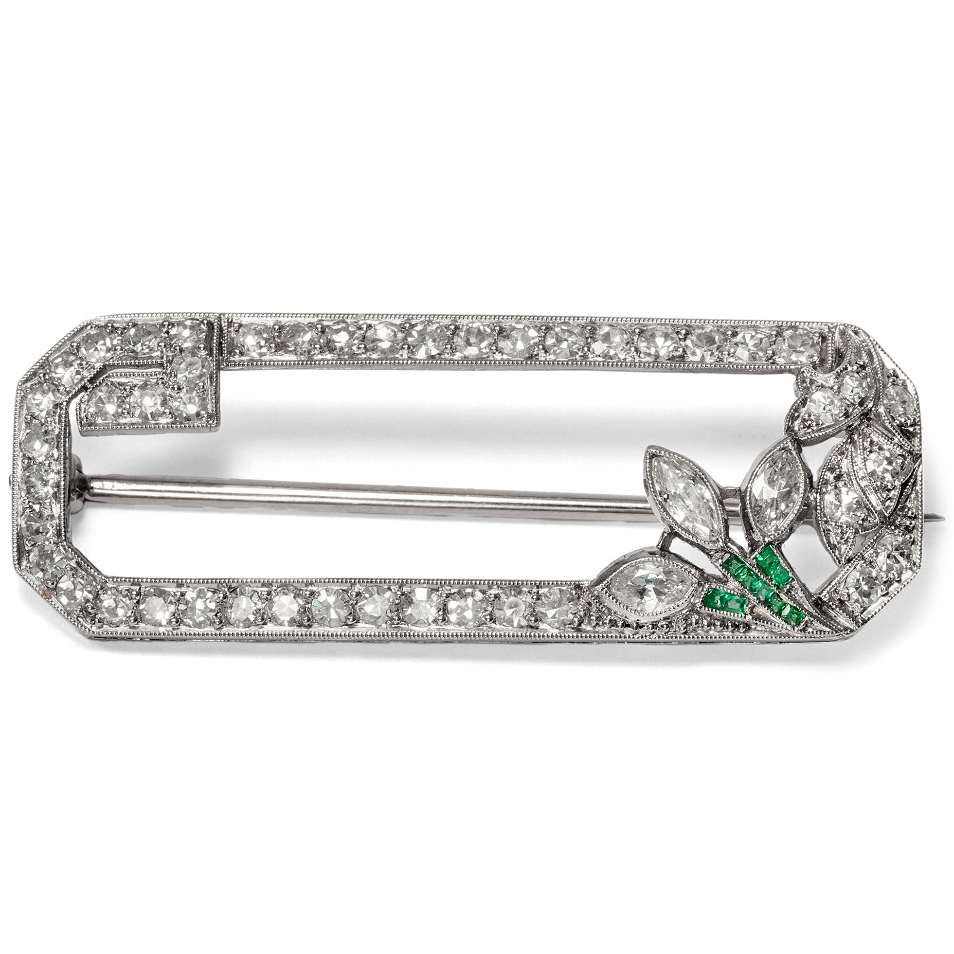 Precious Brooch with 0.70 ct Diamonds & Emeralds, Art Déco ca. 1925