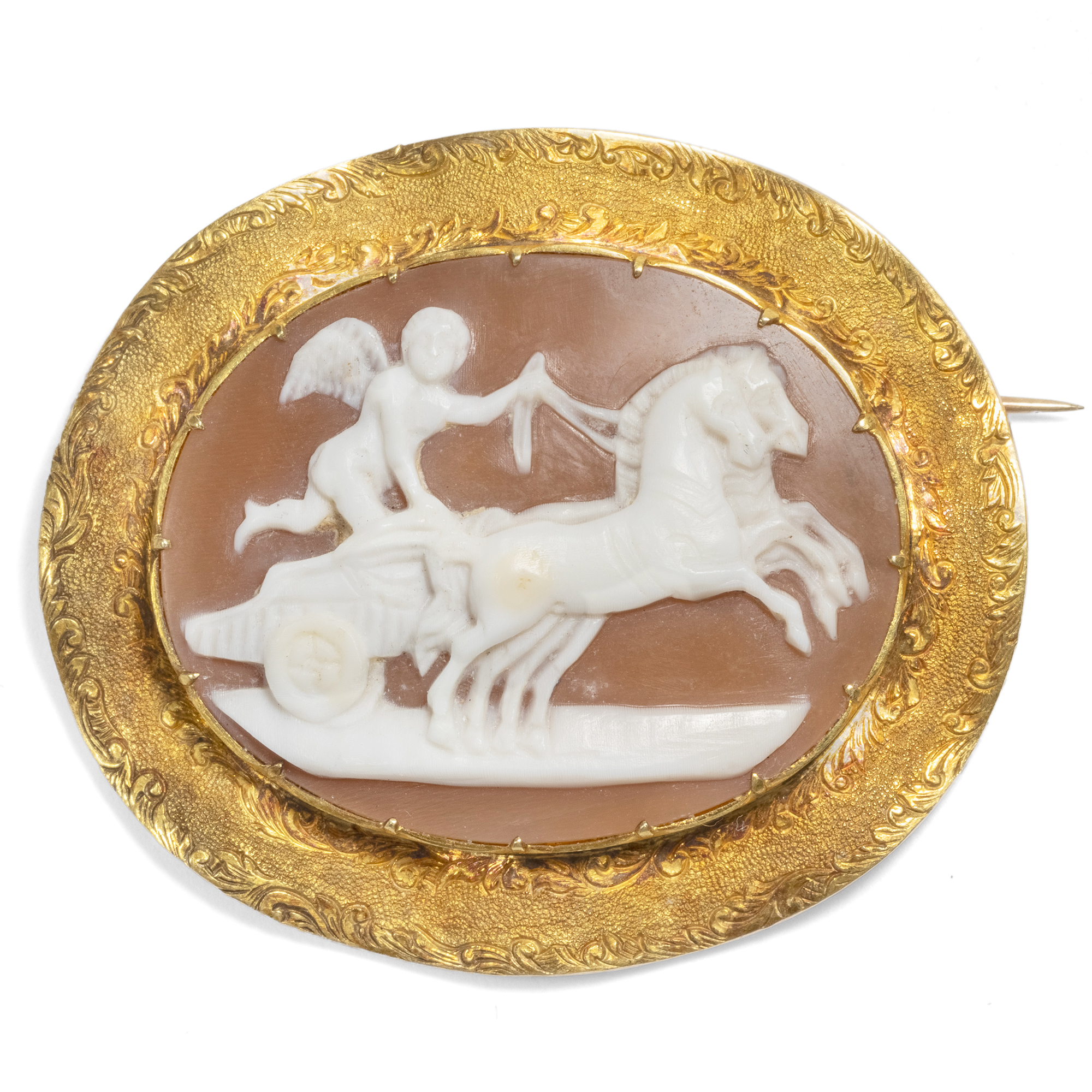 Unusual shell cameo in gold setting, ca. 1850