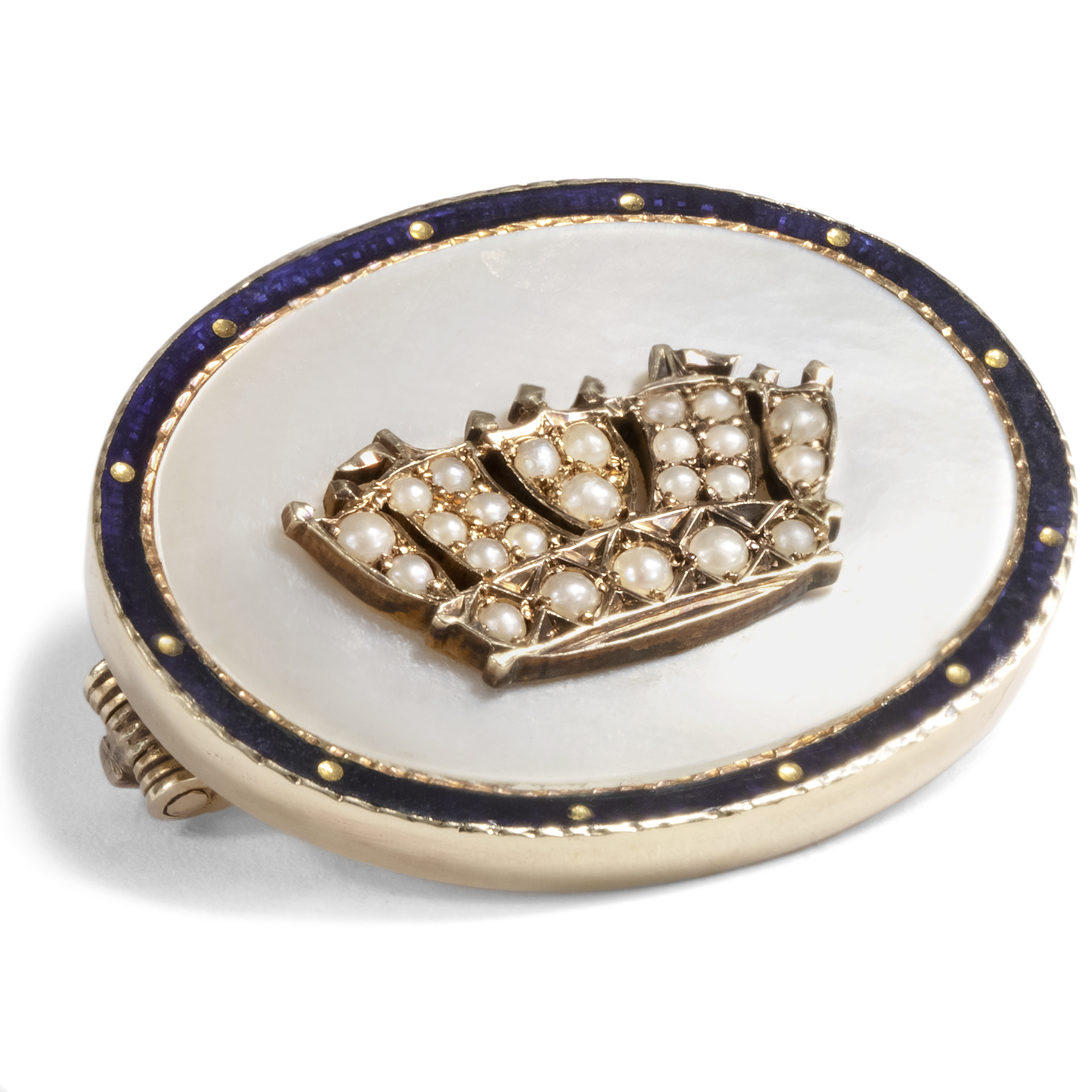 Antike Brosche mit „Naval Crown“ in Perlen & Gold, Großbritannien um 1910