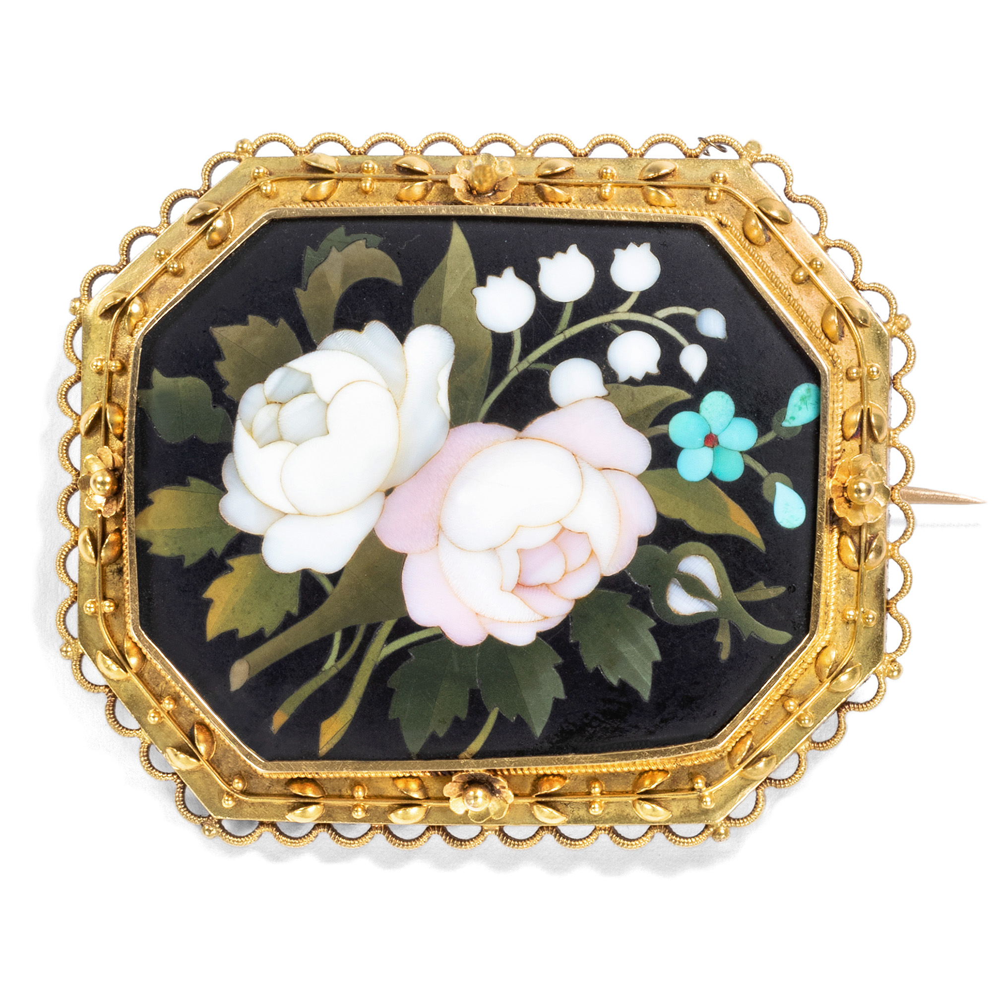 Antique Medallion Brooch With Pietra Dura in Gold, Florence & England Around 1890