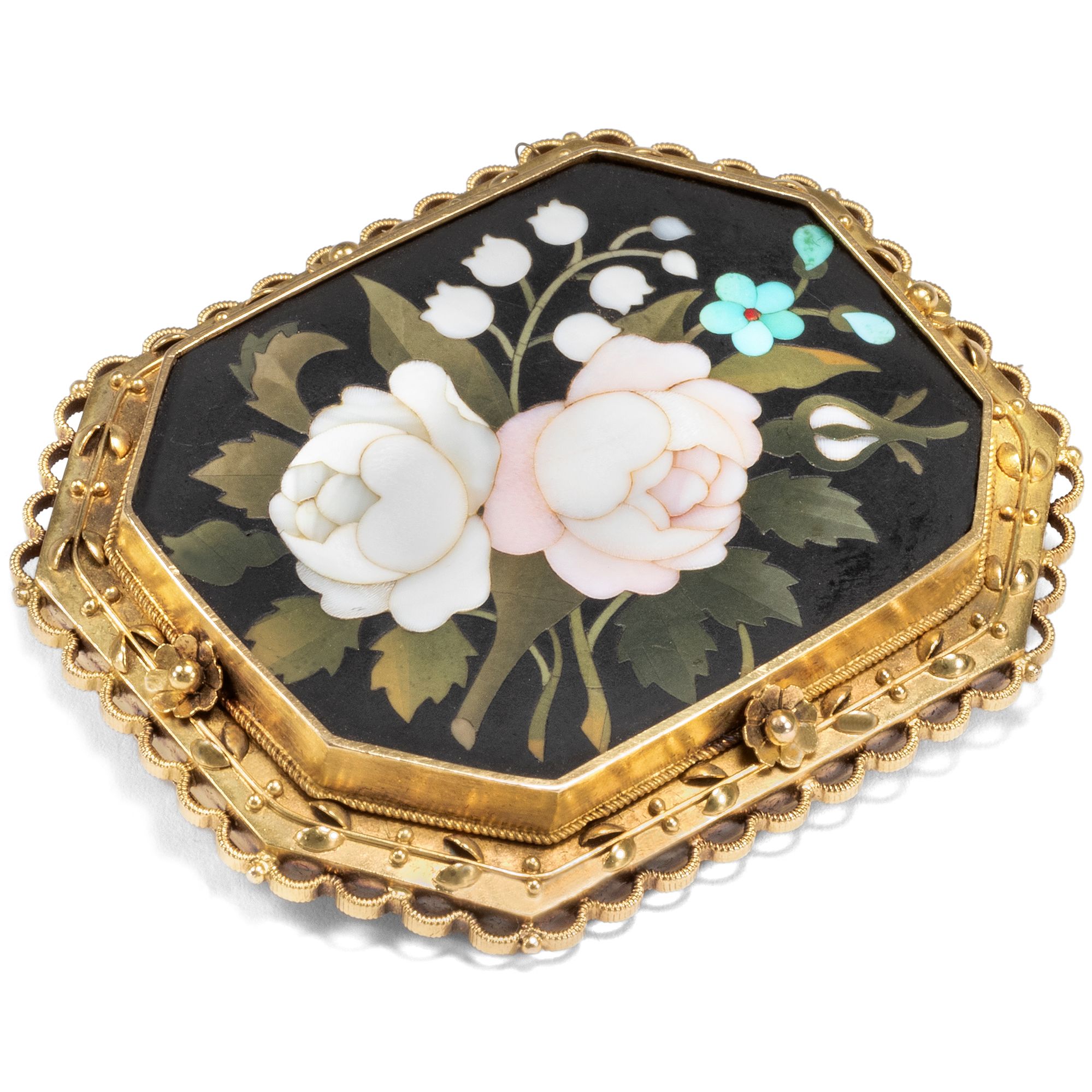 Antique Medallion Brooch With Pietra Dura in Gold, Florence & England Around 1890