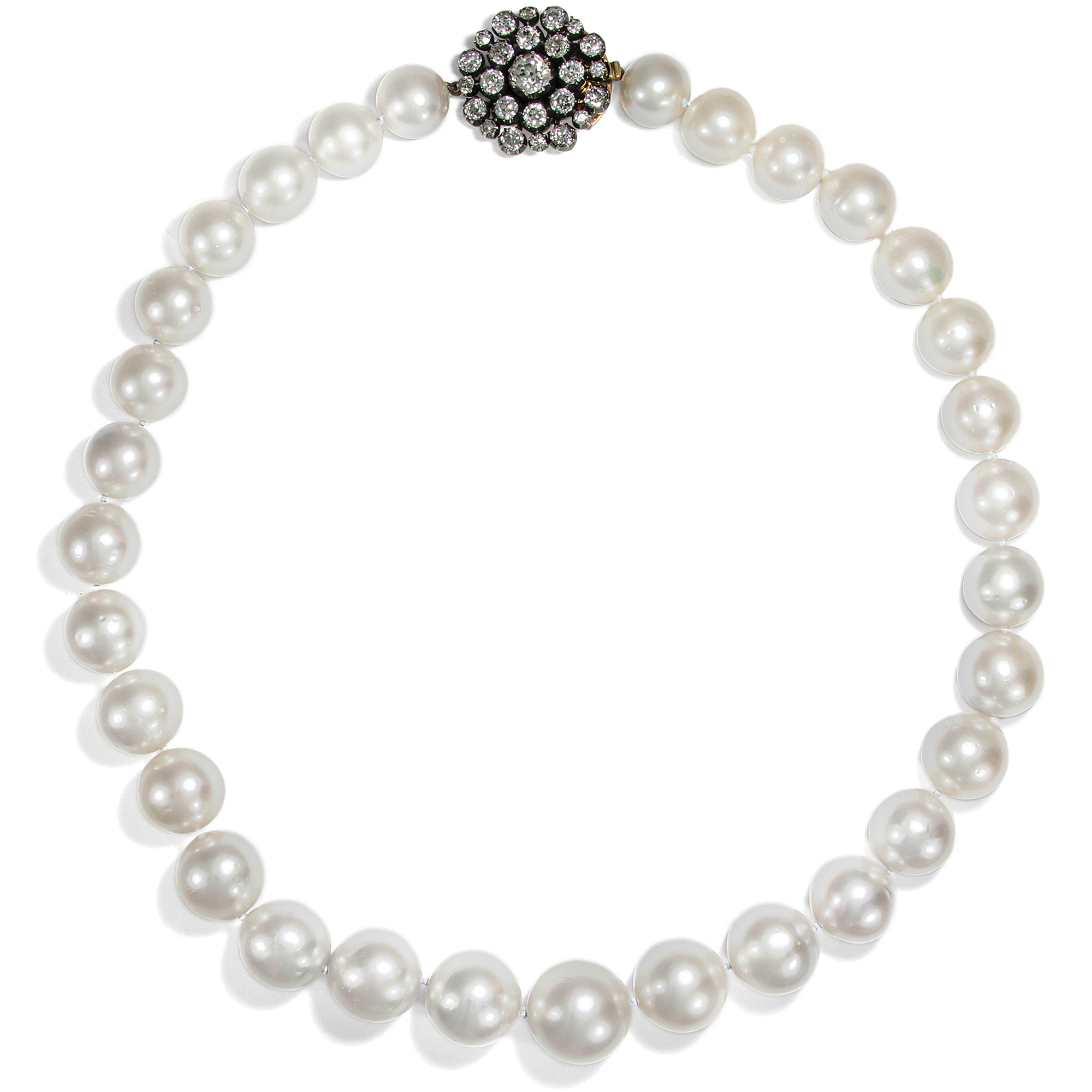 Exquisite South Sea Pearl Necklace in Princess Length With Antique Diamond Clasp, ca. 1870/2000