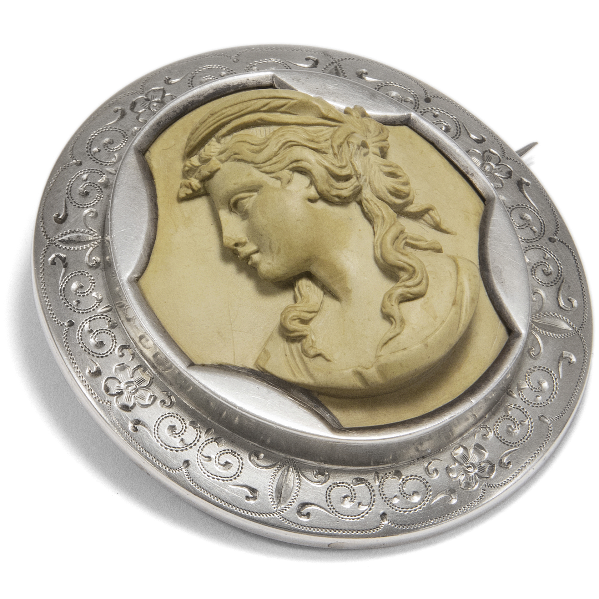 Antique Medallion Brooch With Lava Cameo of Hera in Silver Setting, Around 1880