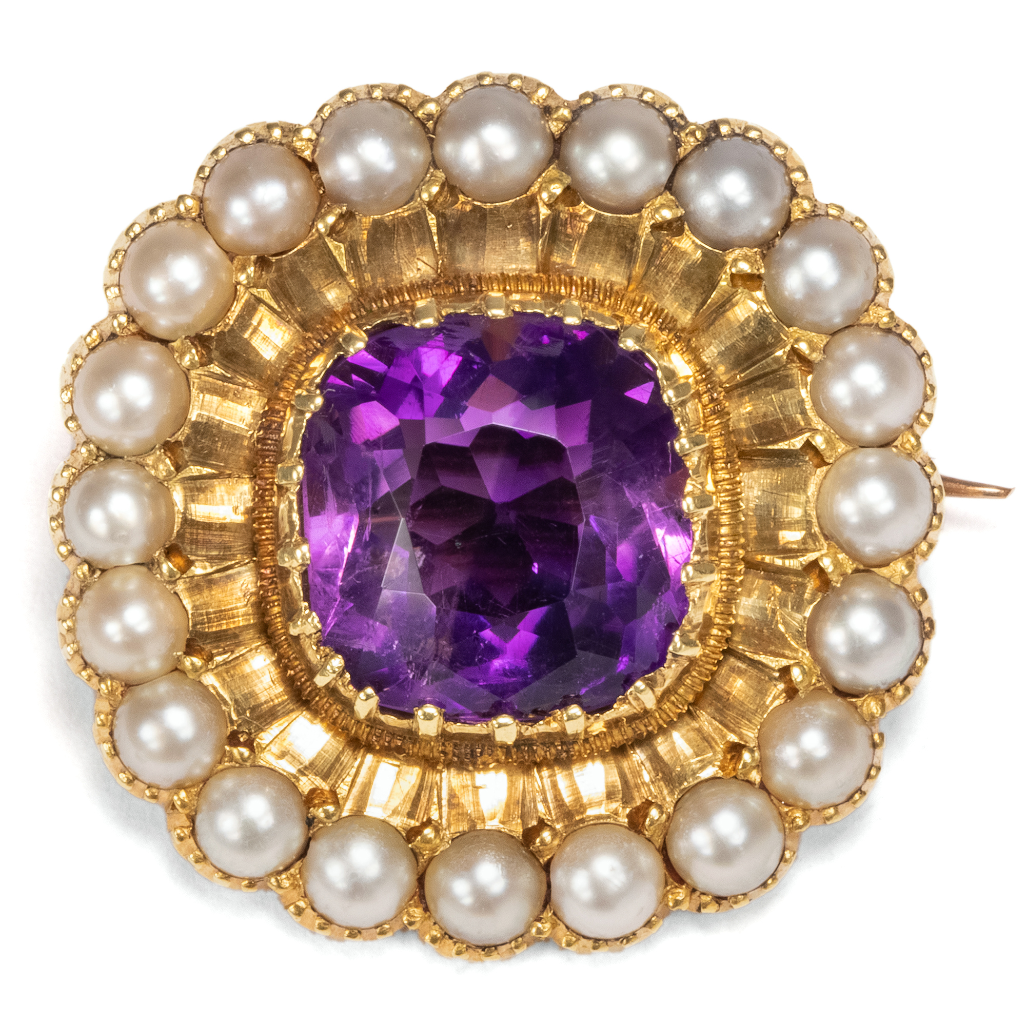 Antique Gold Brooch with Amethyst & Natural Pearls, Great Britain c. 1820