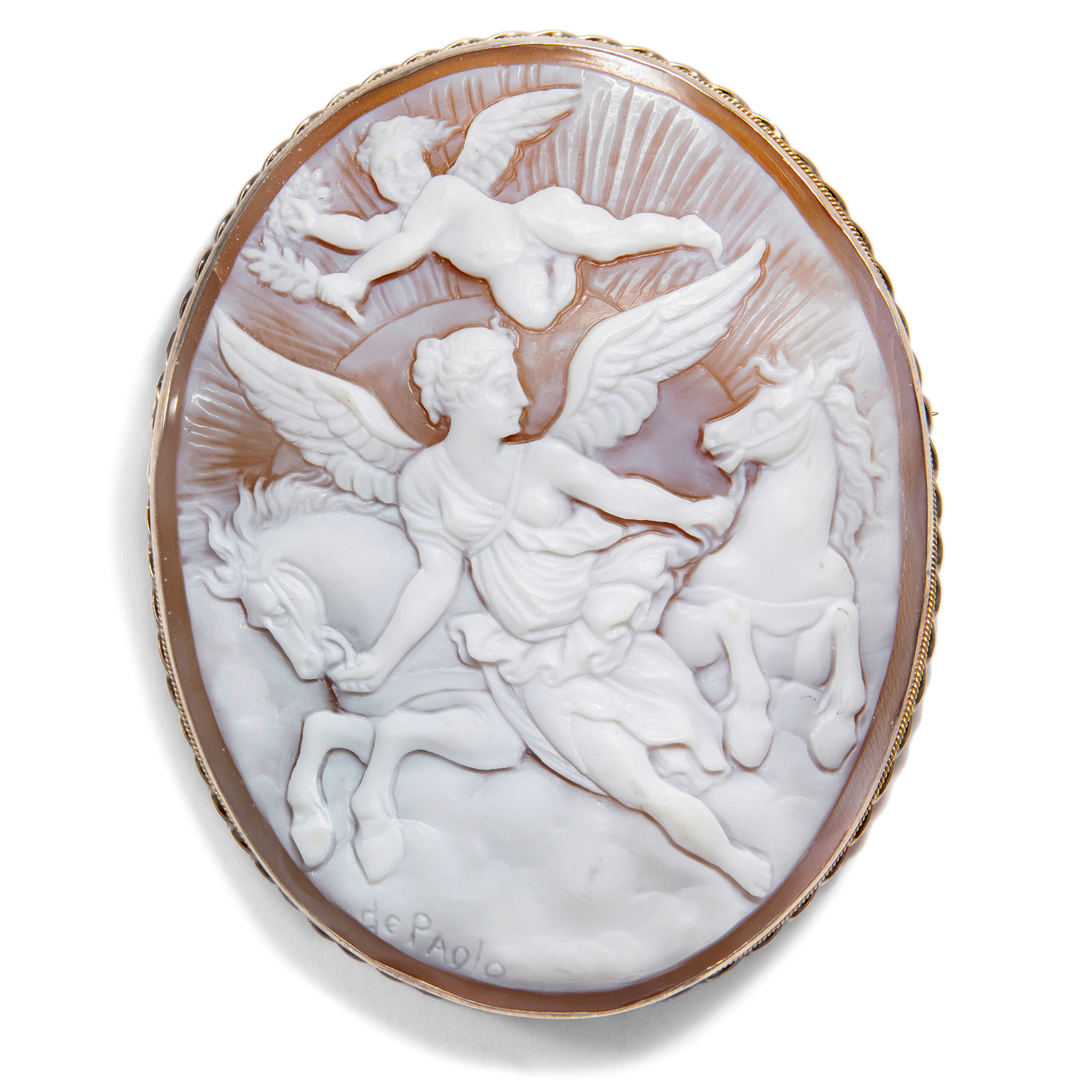 Very Large Shell Cameo of the Eos or Aurora in Silver, Naples ca. 1980