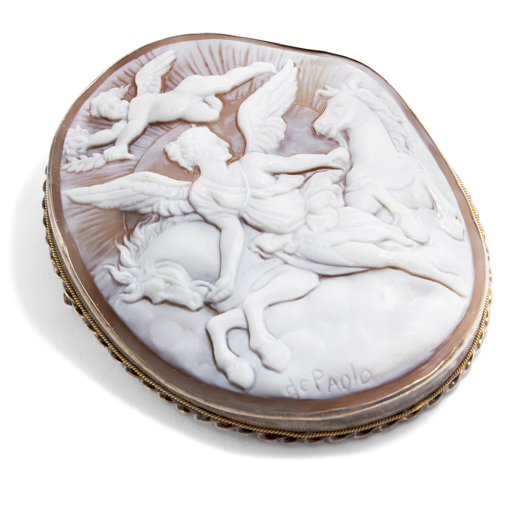 Very Large Shell Cameo of the Eos or Aurora in Silver, Naples ca. 1980