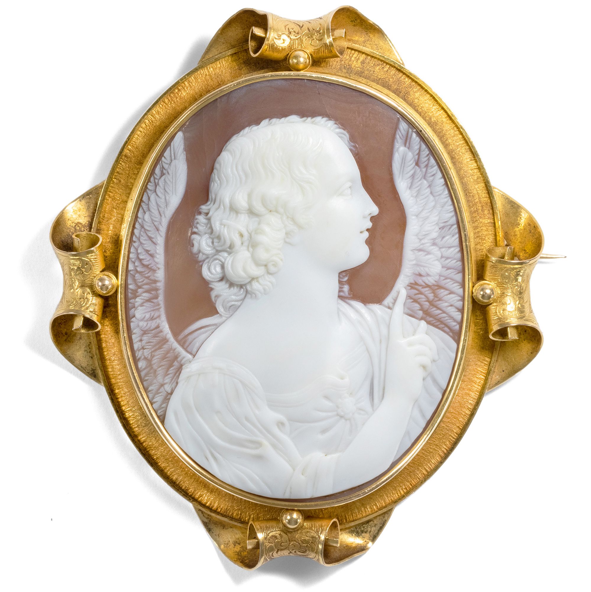 Victorian shell cameo after Guido Reni mounted as a gold brooch, c. 1855