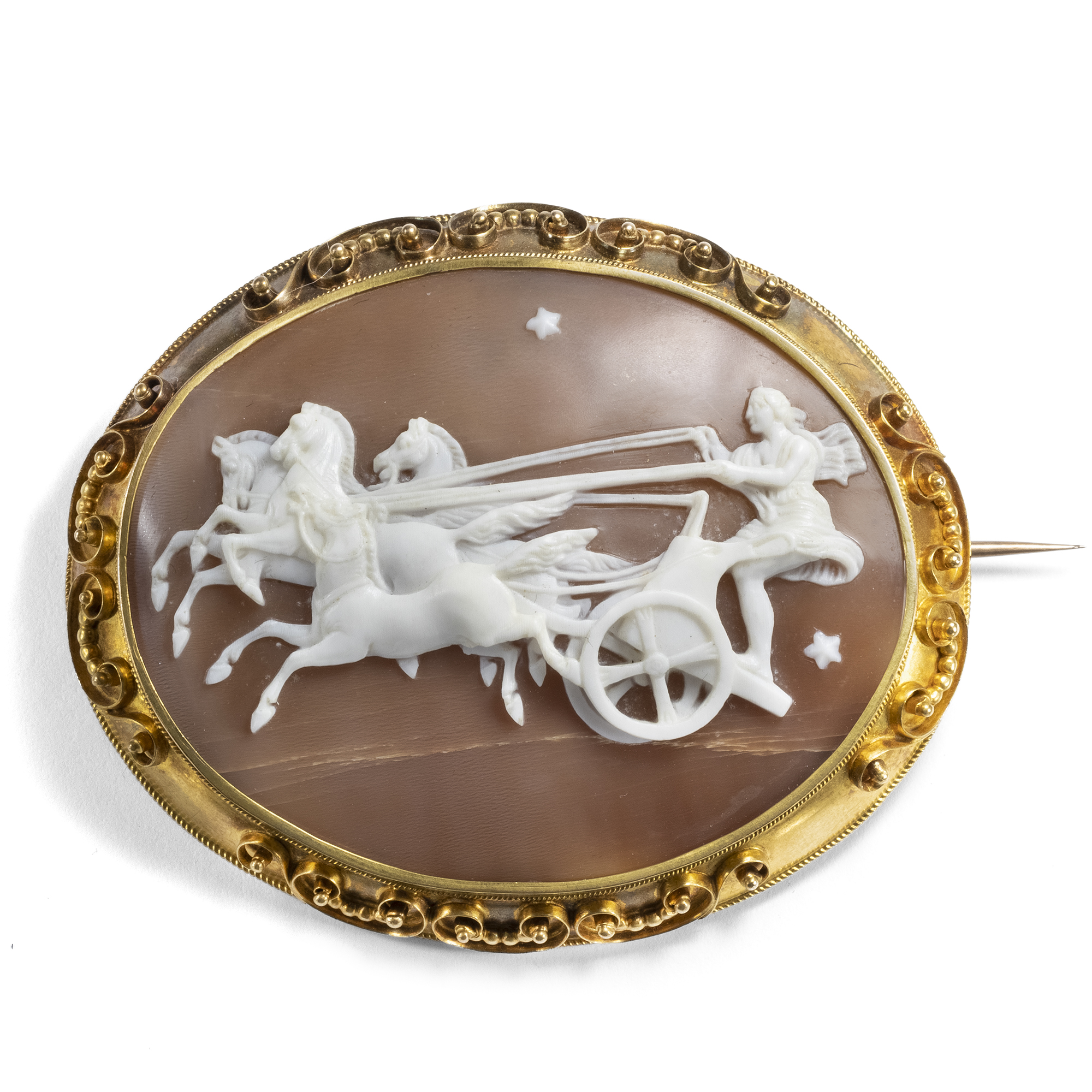 Antique Shell Cameo of Eos Resp. Aurora Mounted as a Gold Brooch, c. 1875