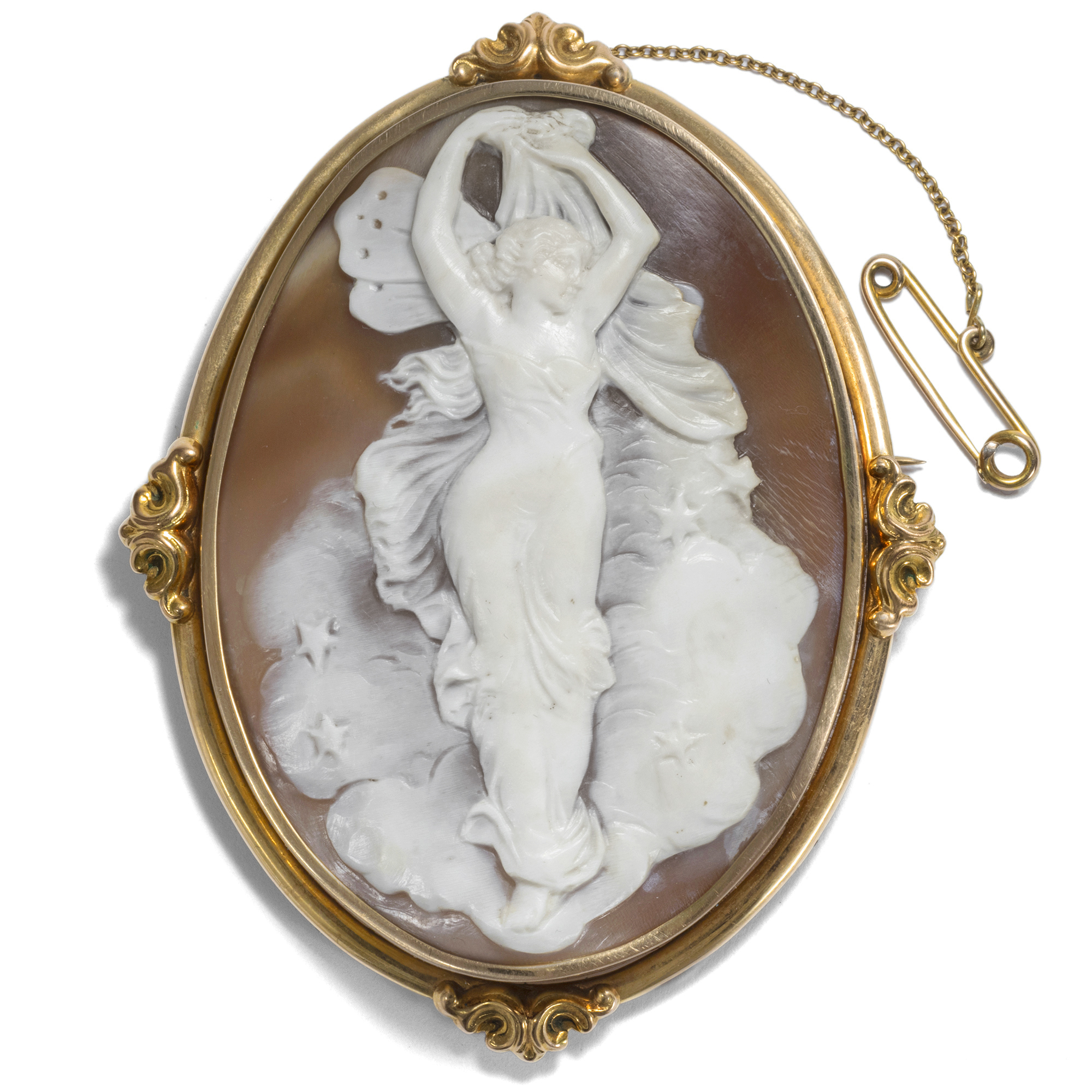 Antique Shell Cameo of Psyche Mounted as a Gold Brooch, Italy & Great Britain c.1870