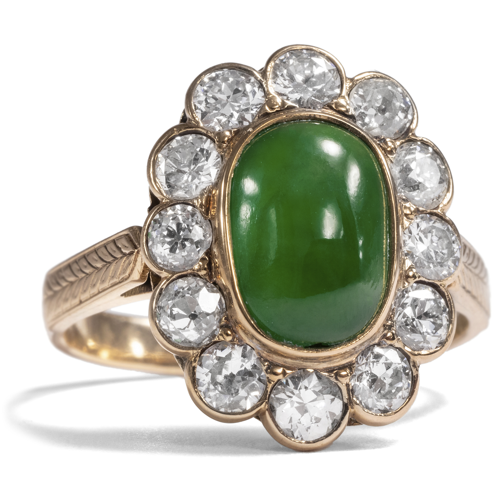 Wonderful Antique Entourage Ring With Jadeite & Diamonds in Gold, China ca. 1920