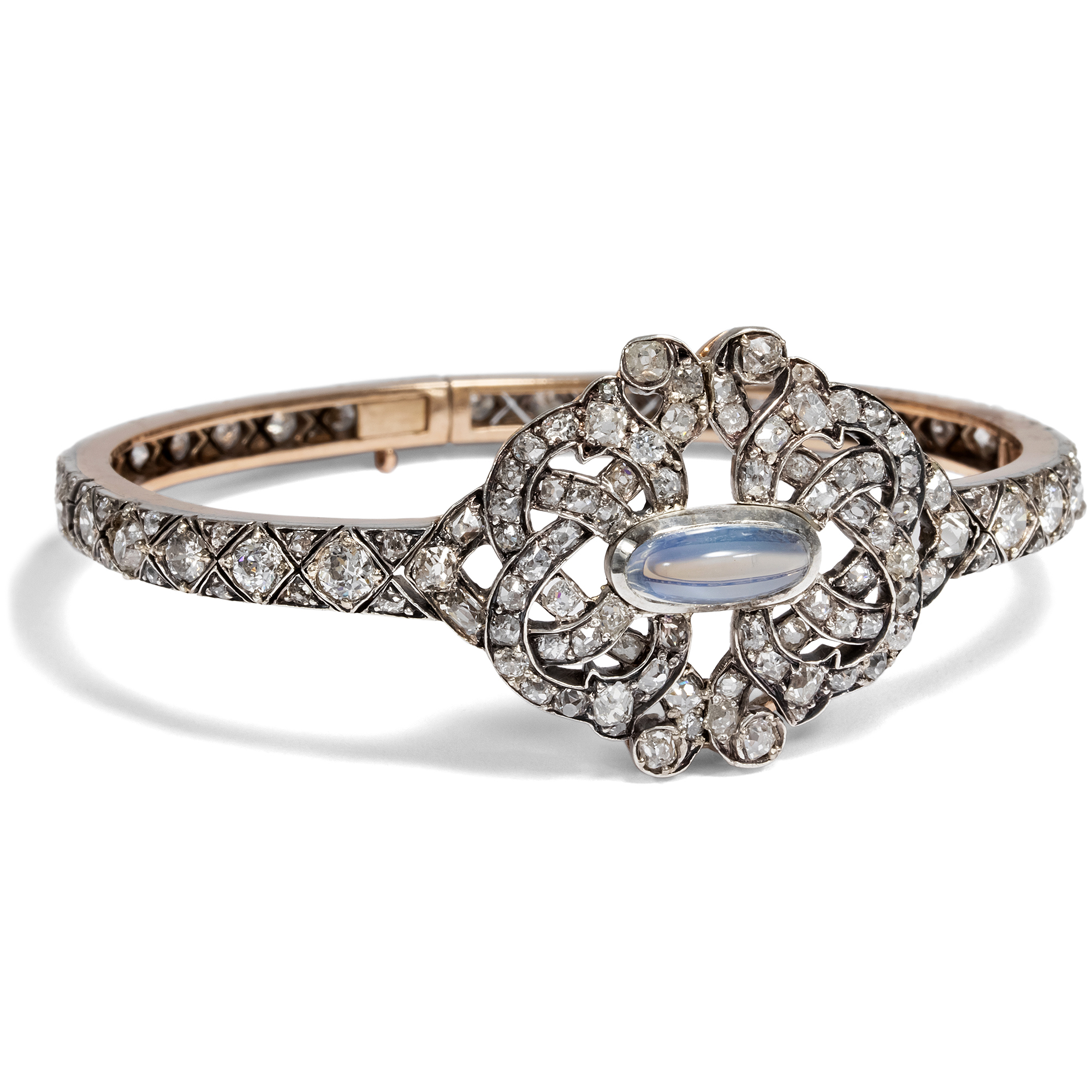 Magnificent bangle with 7.98 ct diamonds & moonstone, c. 1850 and later