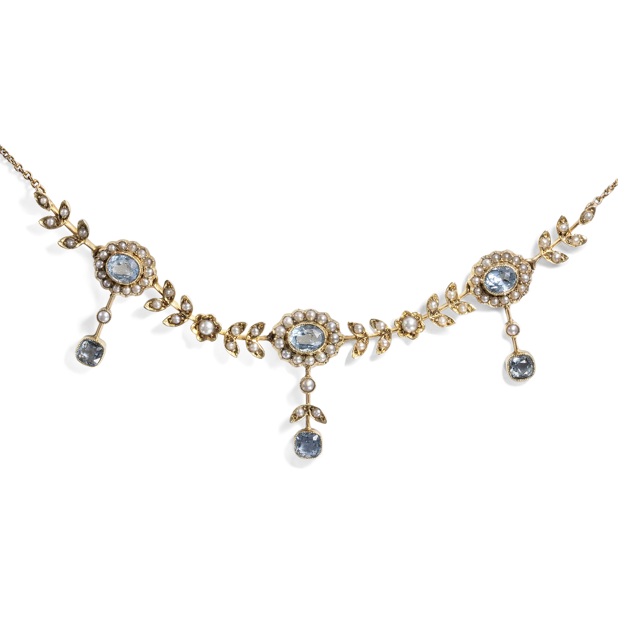 Zartes Collier im „Garland Style“ mit Aquamarinen & Perlen, um 1905 Zartes Collier im „Garland Style“ mit Aquamarinen & Perlen, um 1905