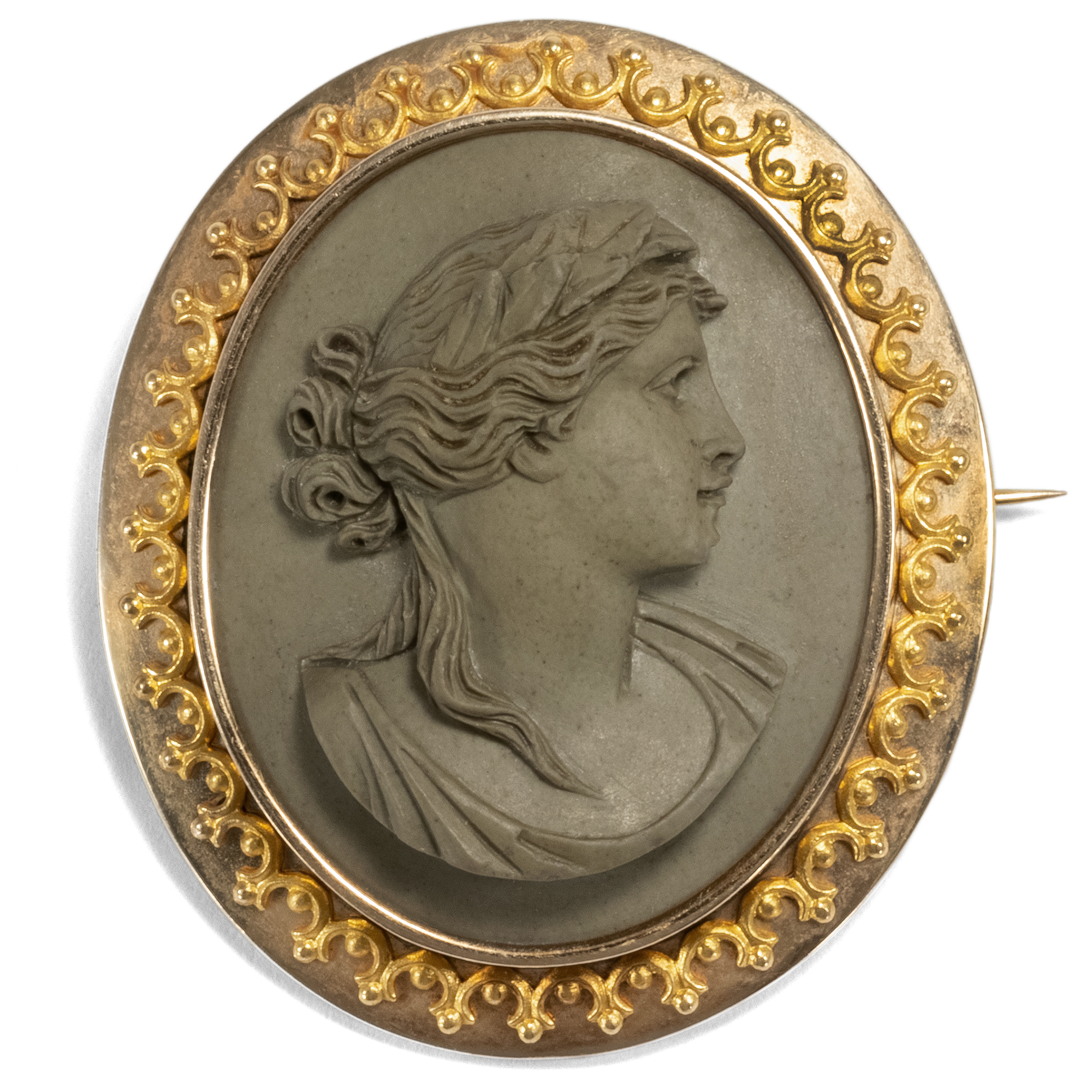 Antique Brooch With Cameo From "Vesuvius lava", Gold Setting, Naples Around 1870