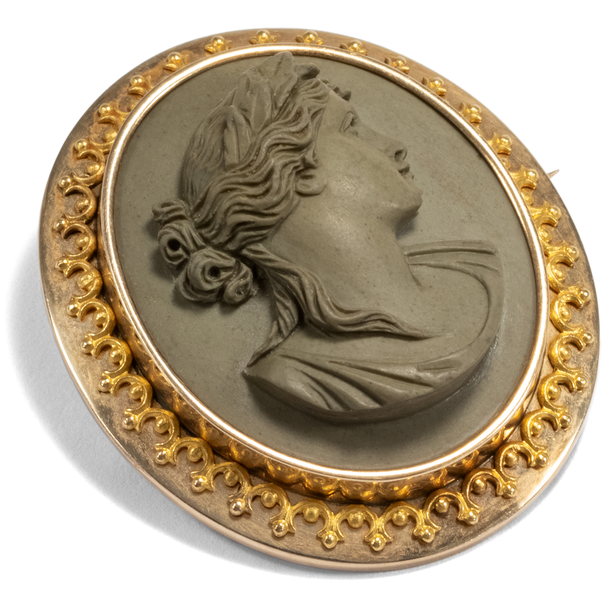 Antique Brooch With Cameo From "Vesuvius lava", Gold Setting, Naples Around 1870