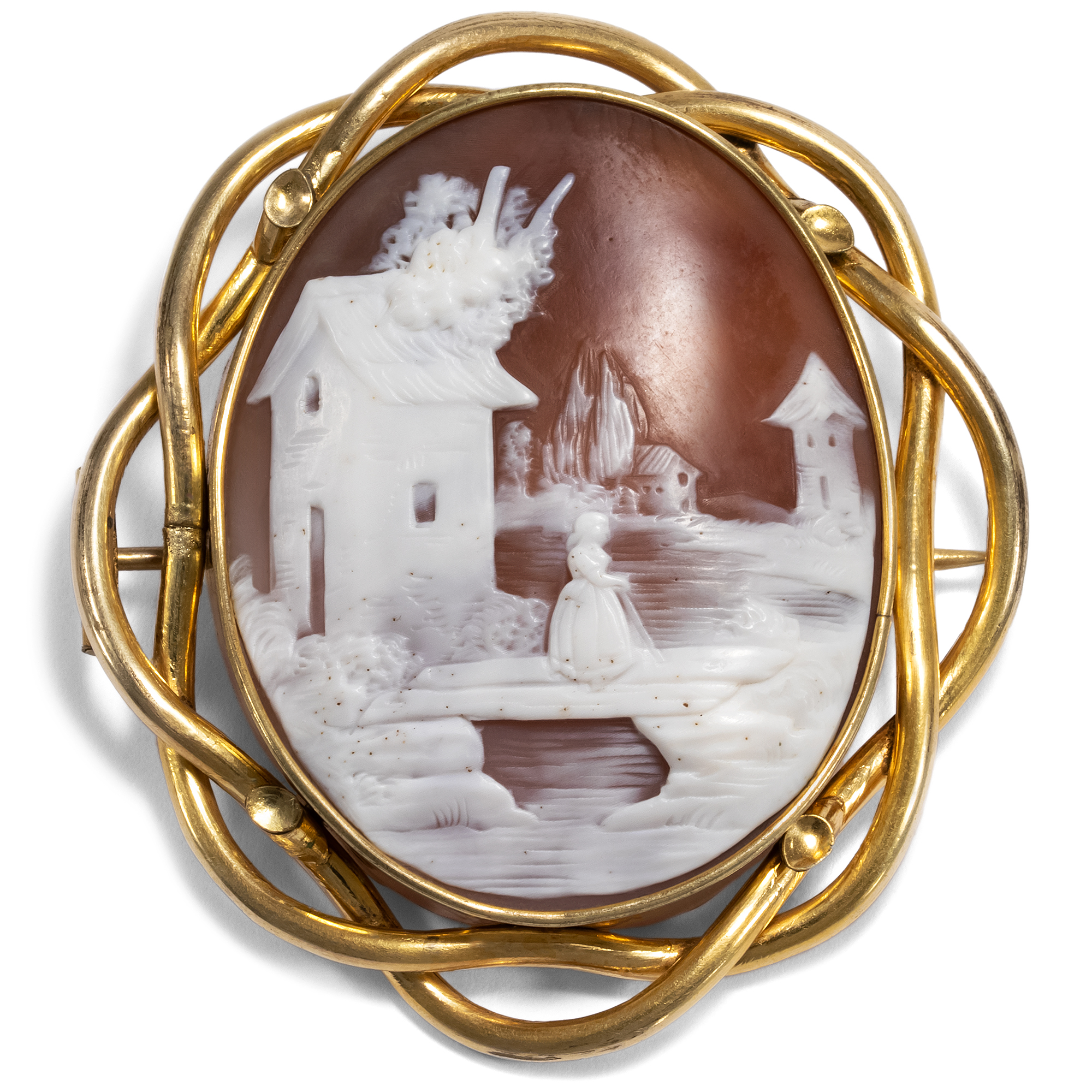 Antique Brooch With Biblical Shell Cameo Set in Pinchbeck, Around 1855