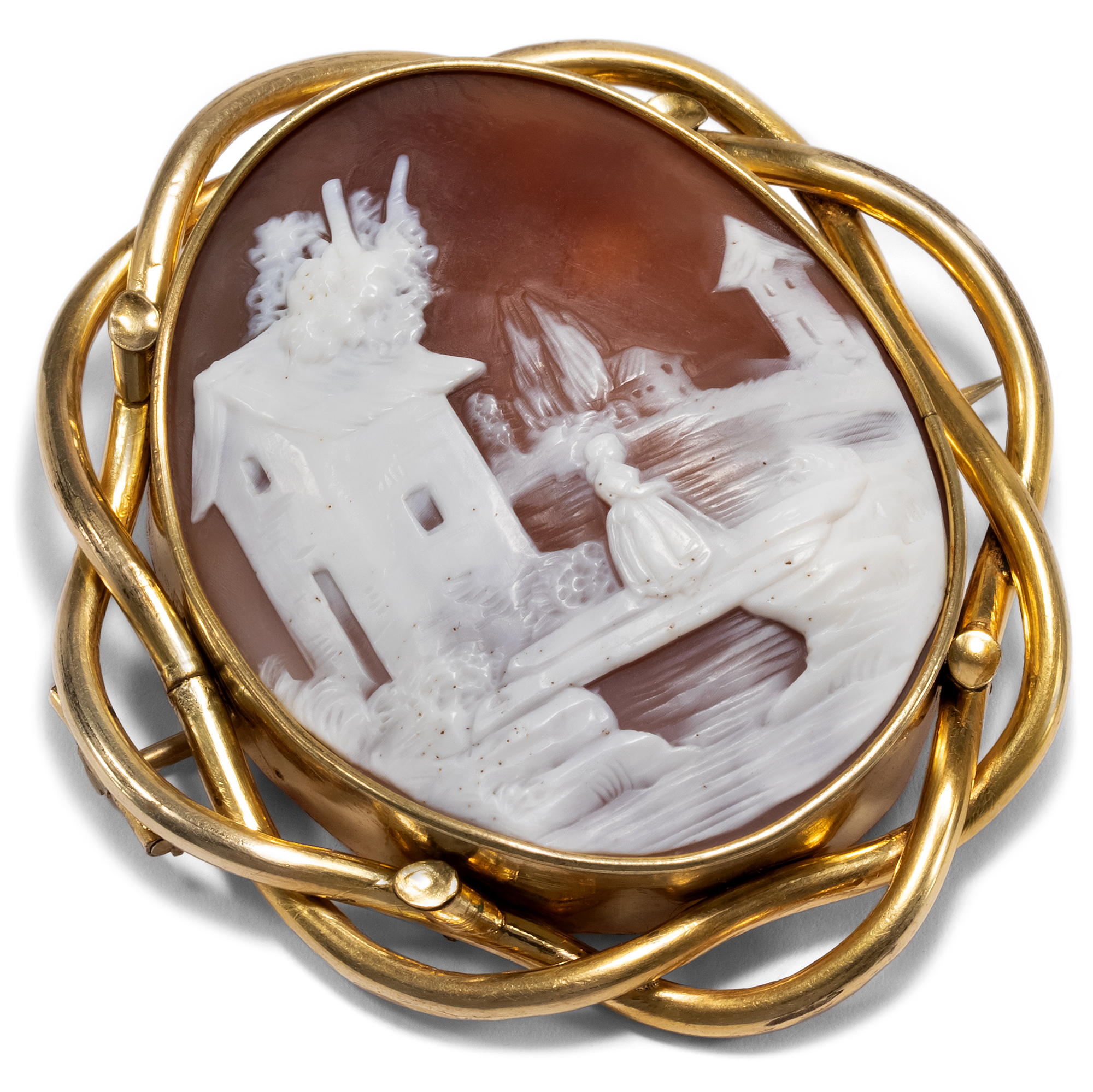 Antique Brooch With Biblical Shell Cameo Set in Pinchbeck, Around 1855