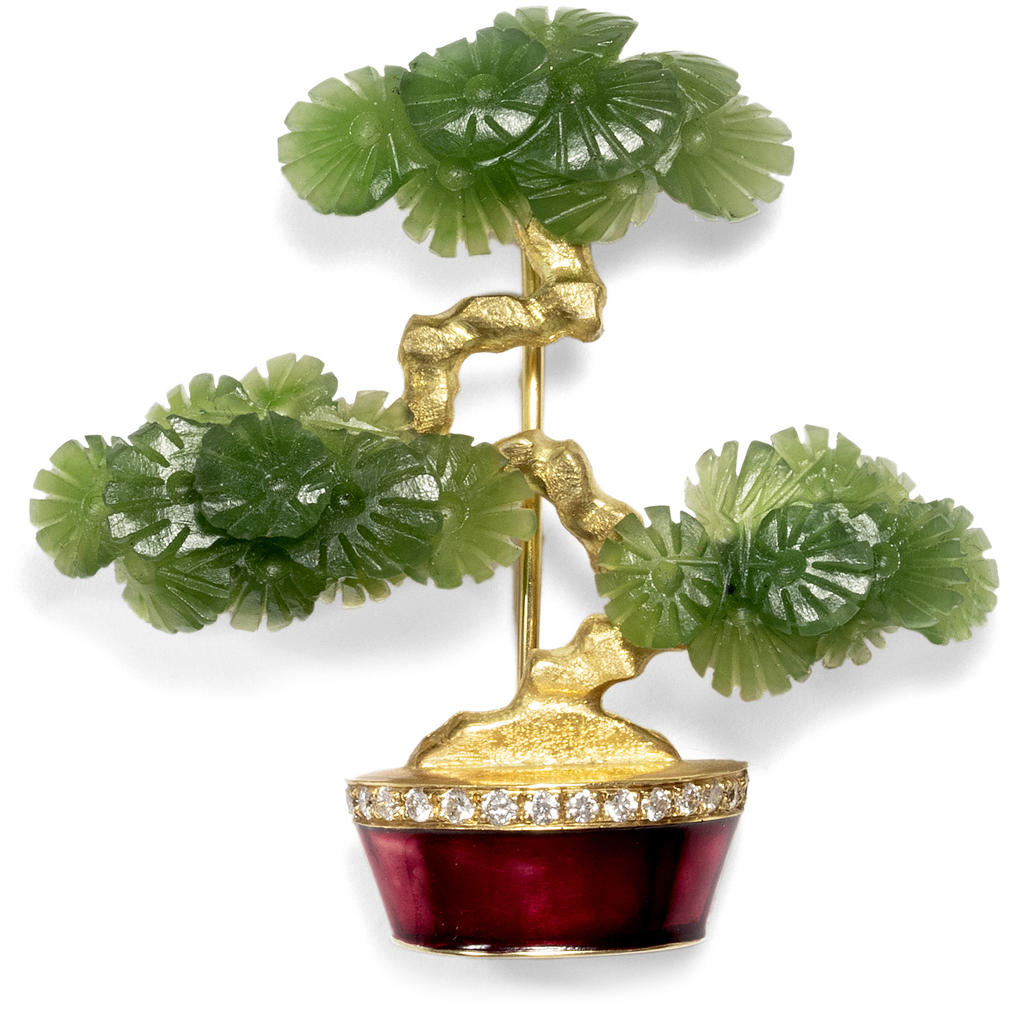 Vintage Brooch in the Shape of a Bonsai Made of Nephrite & Diamonds, ca. 1960