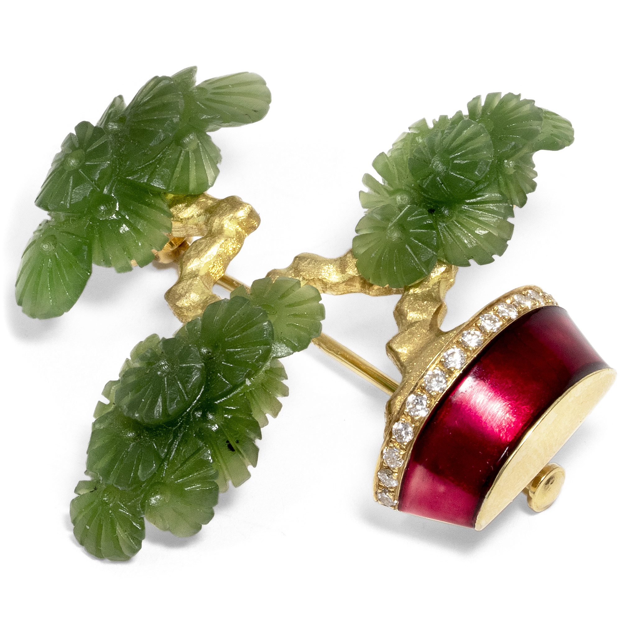 Vintage Brooch in the Shape of a Bonsai Made of Nephrite & Diamonds, ca. 1960