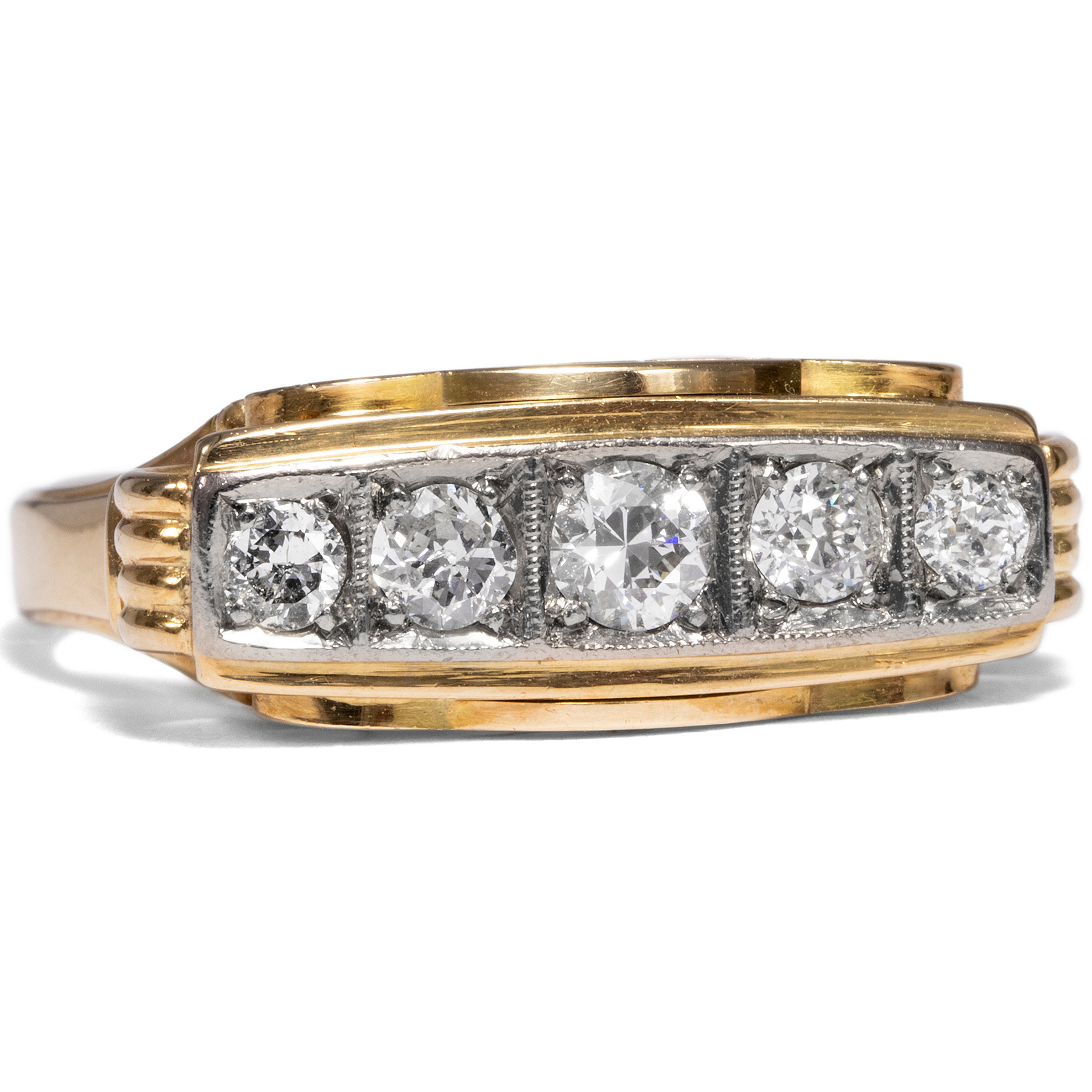 Noble Row Elegant Ring With Five Old European Cut Diamonds in Gold Platinum around 1940 Hofer Antikschmuck