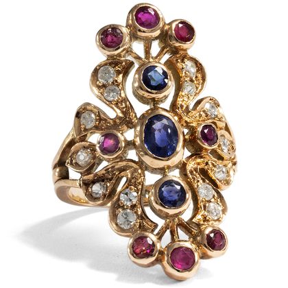 Fabulous large rose gold ring with rubies, diamonds & sapphires, ca. 1980 Fabulous large rose gold ring with rubies, diamonds & sapphires, ca. 1980