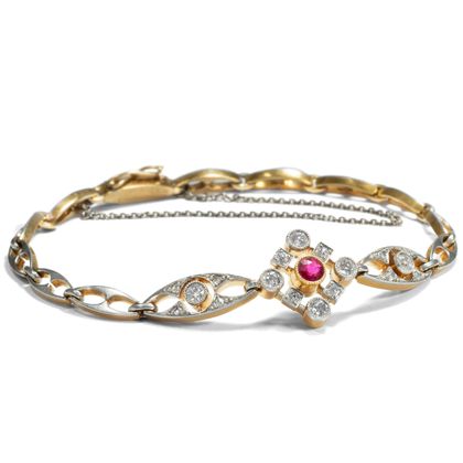 Zartes Armband mit Rubin & Diamanten in Gold & Platin, Schweden um 1915 Zartes Armband mit Rubin & Diamanten in Gold & Platin, Schweden um 1915