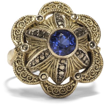 Ungetragener Ring von Theodor Fahrner mit synthetischem Saphir, Pforzheim um 1955 Ungetragener Ring von Theodor Fahrner mit synthetischem Saphir, Pforzheim um 1955