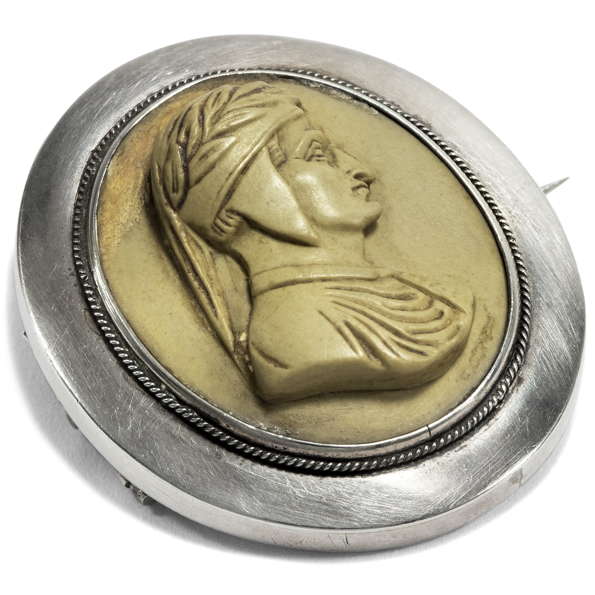 Antique "Lava" Cameo of Dante Set as a Pendant-Brooch, Naples ca. 1870