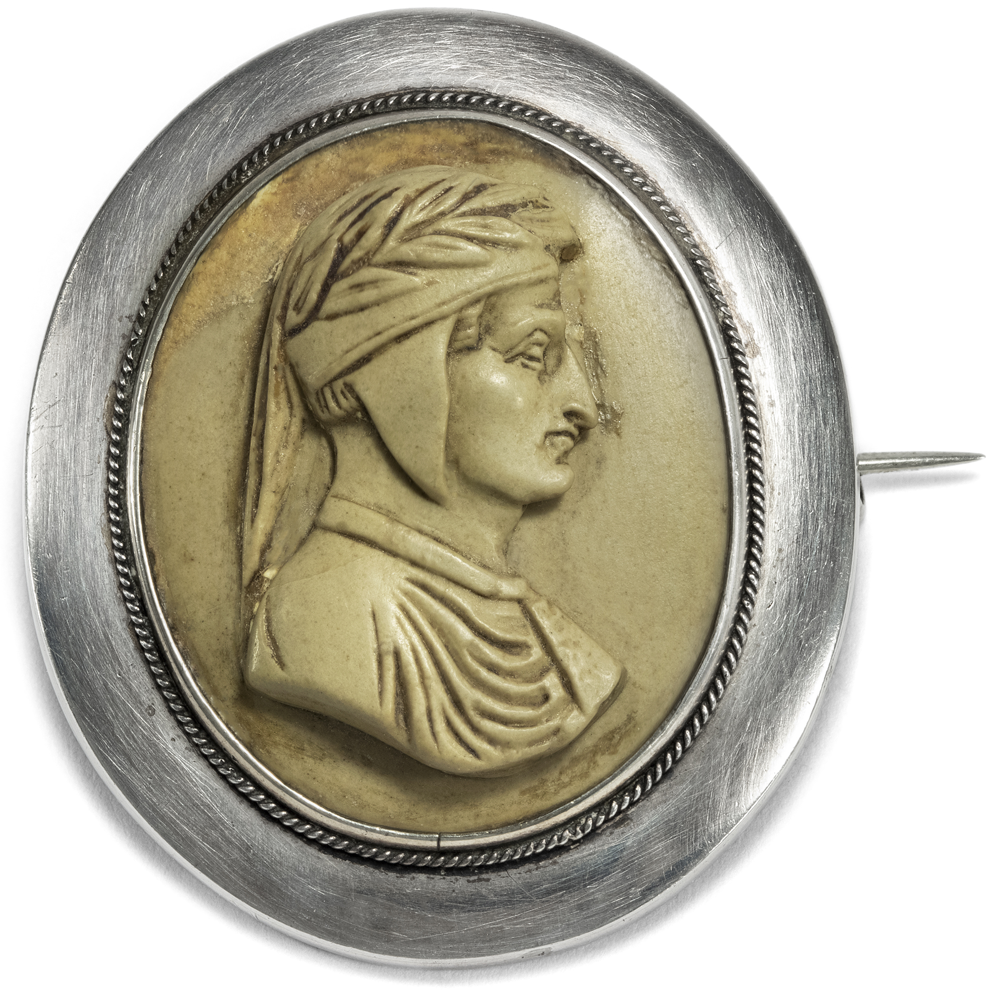 Antique "Lava" Cameo of Dante Set as a Pendant-Brooch, Naples ca. 1870