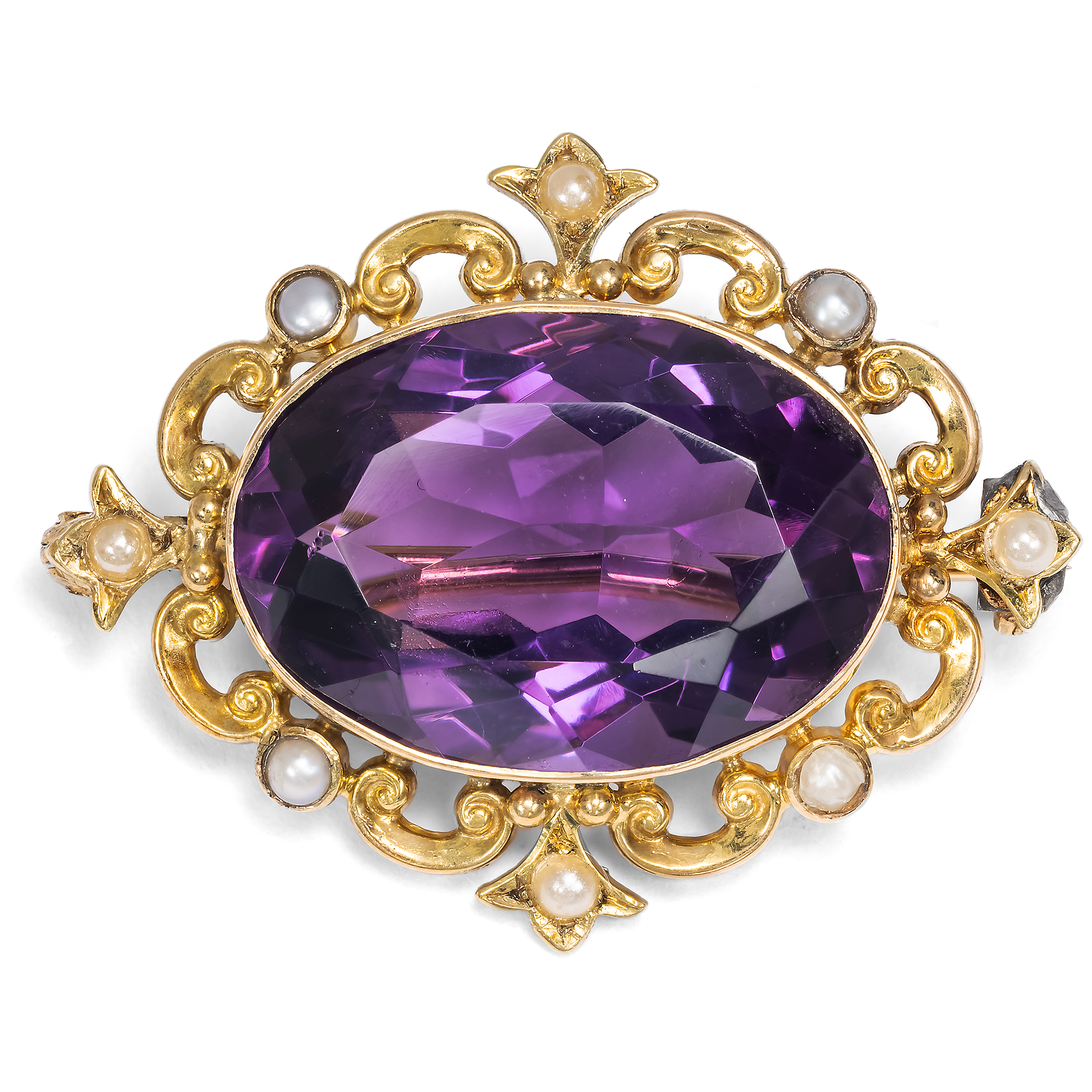 Victorian Brooch With Amethyst & Natural Pearls in Gold, Circa 1890