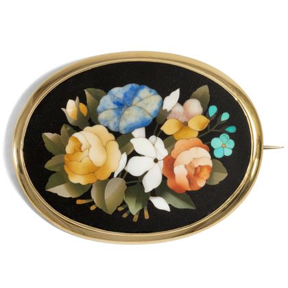 Große Pietra Dura Brosche in Gold, Florenz um 1870 Große Pietra Dura Brosche in Gold, Florenz um 1870