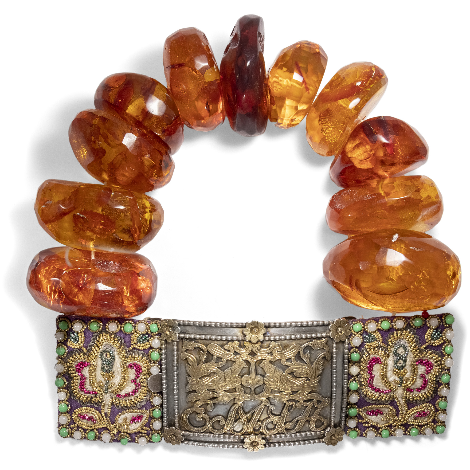 Impressive traditional costume necklace of faceted amber with silver clasp, around 1890