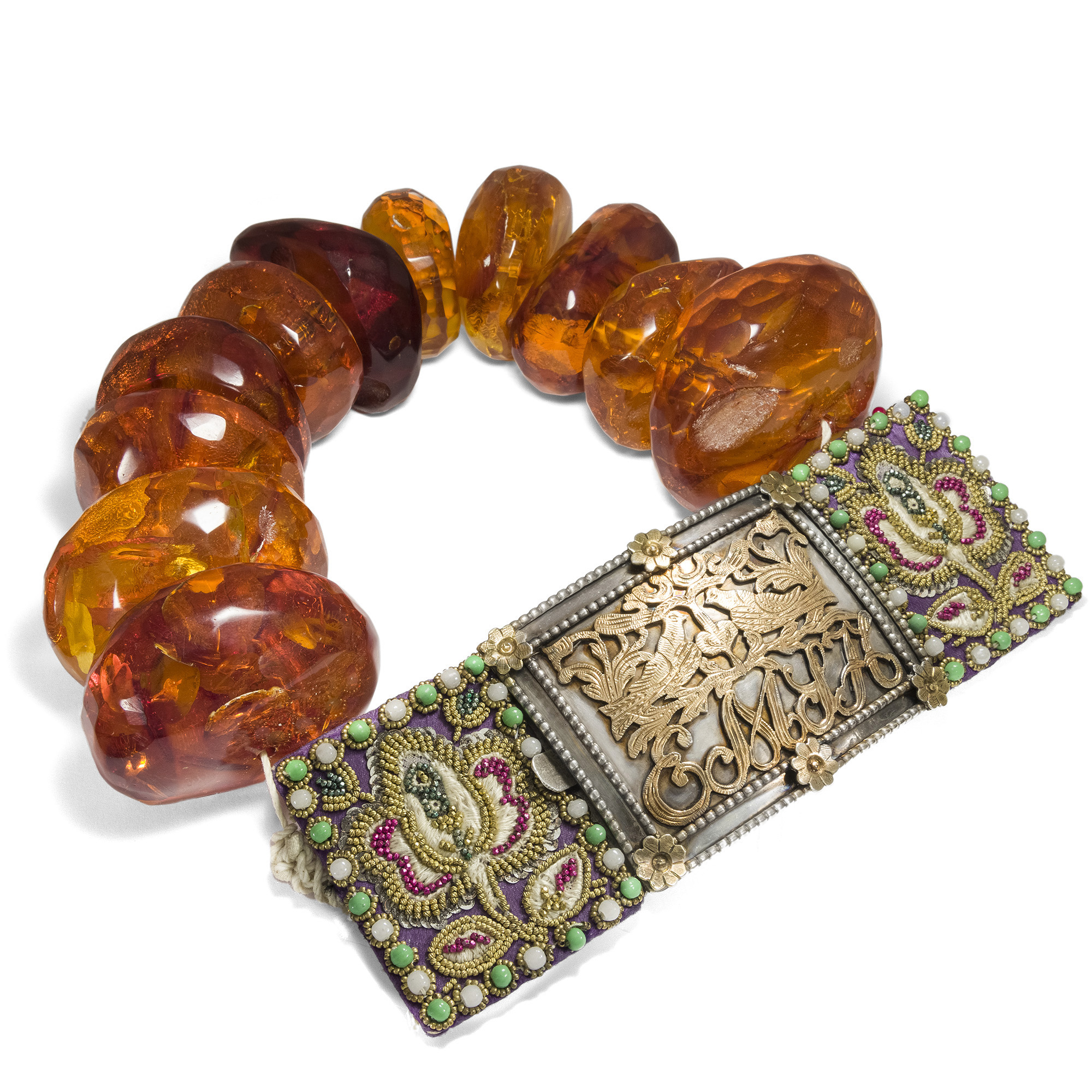 Impressive traditional costume necklace of faceted amber with silver clasp, around 1890