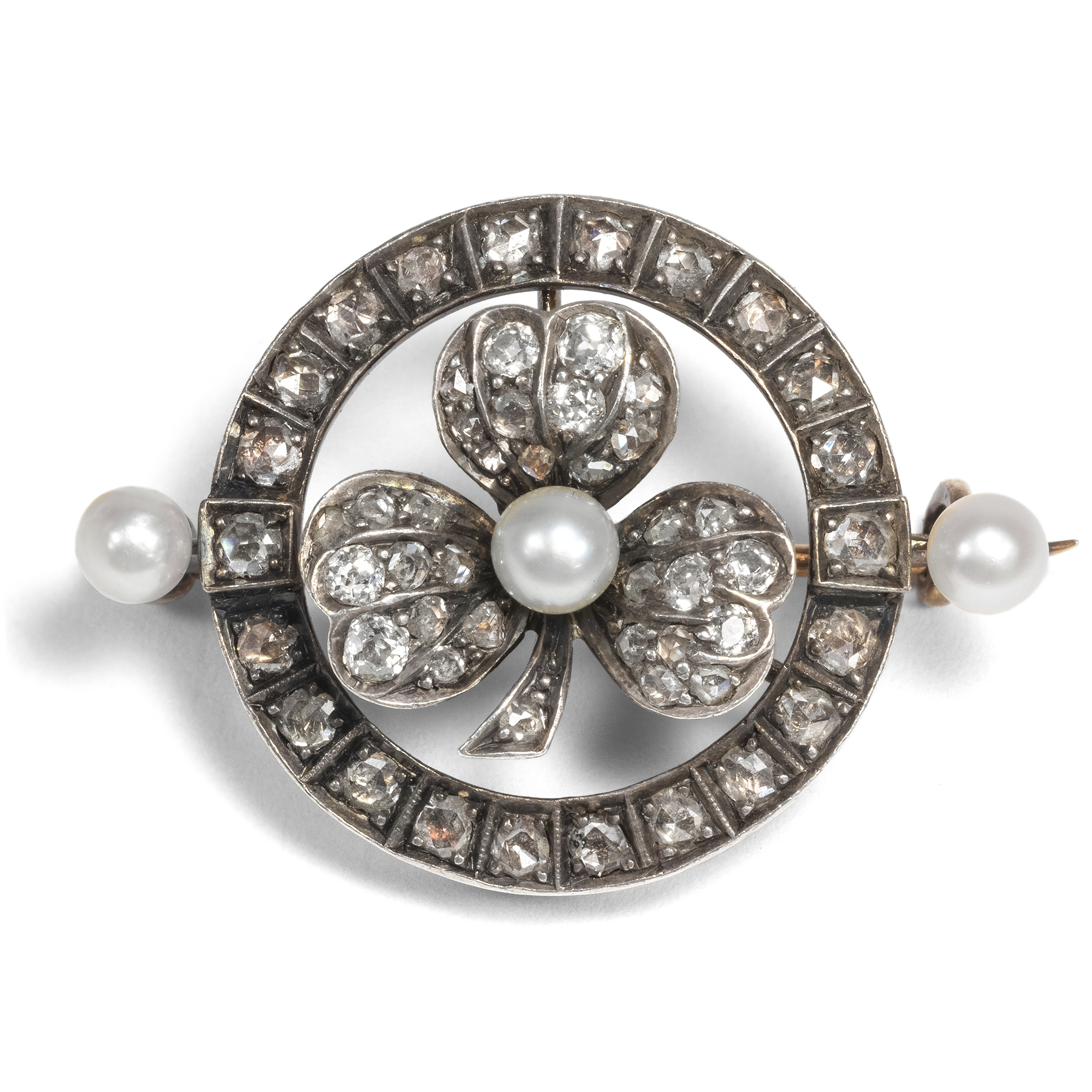 Antique Brooch With Diamonds & Pearls in Gold & Silver, Vienna ca. 1890