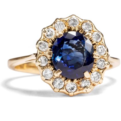 Klassischer Entourage-Ring mit unbehandeltem Saphir & Brillanten, 1980er Jahre Klassischer Entourage-Ring mit unbehandeltem Saphir & Brillanten, 1980er Jahre