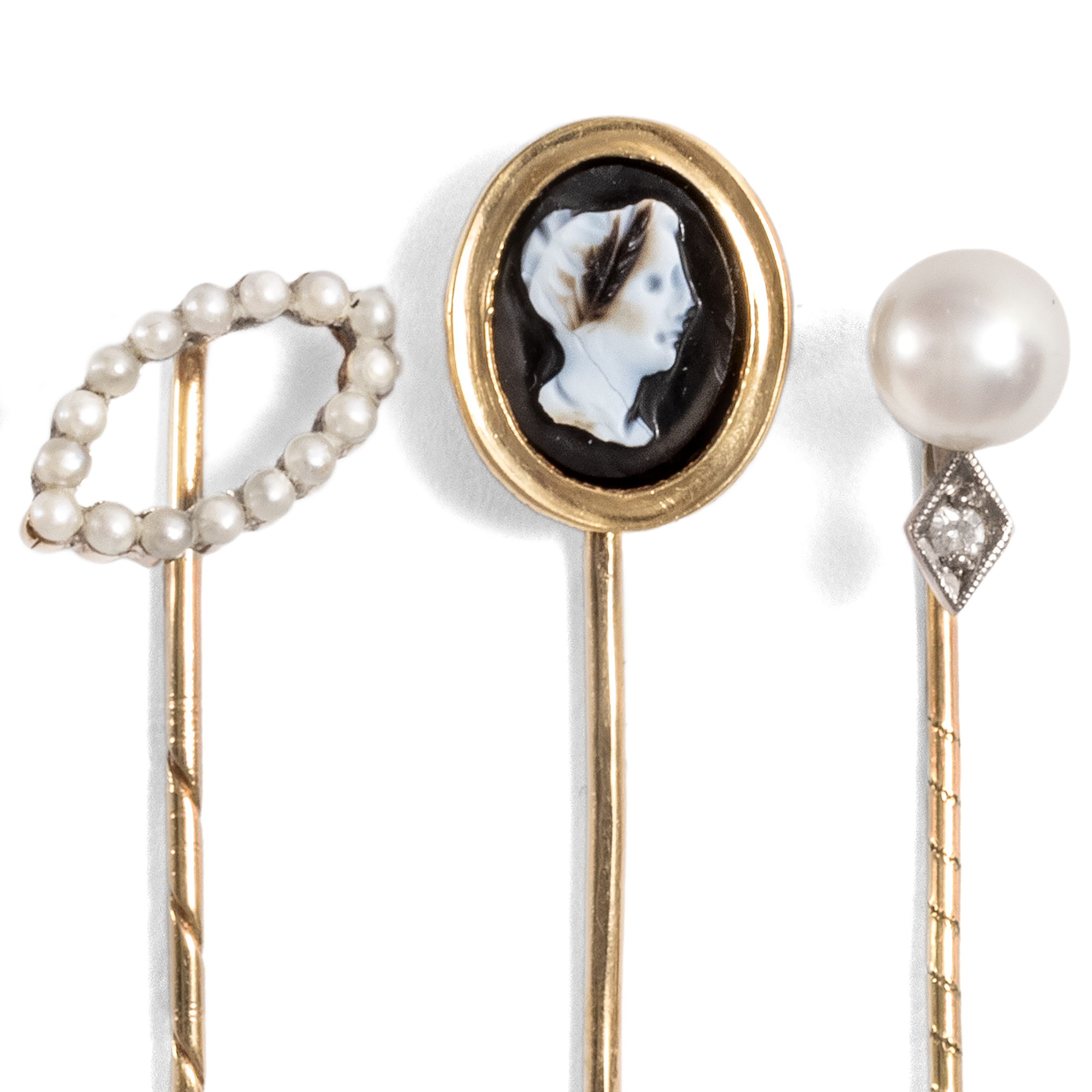 Three Antique Lapel Pins With Cameo, Pearls & Diamonds, ca. 1870 to 1930