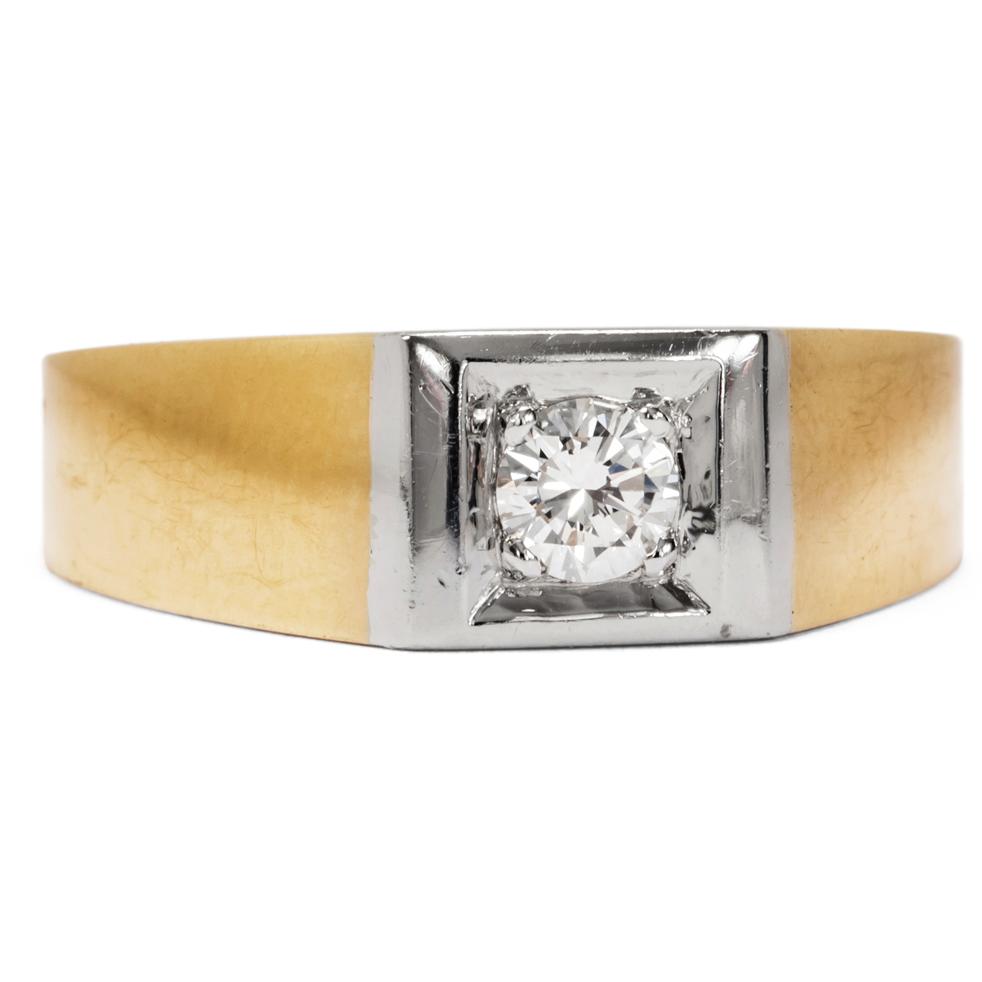 Edged Men's Ring With Magnificent Brilliant Solitaire in Gold, ca. 1955