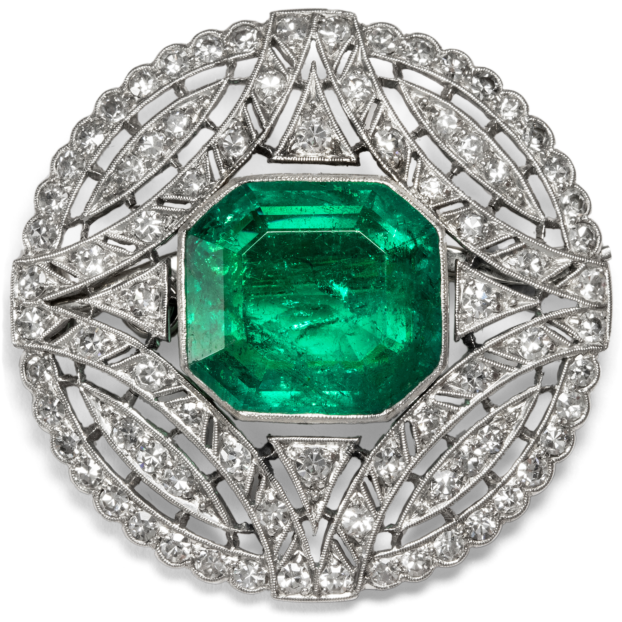 Art Deco Brooch With Colombian Emerald & Diamonds in Platinum, ca. 1930