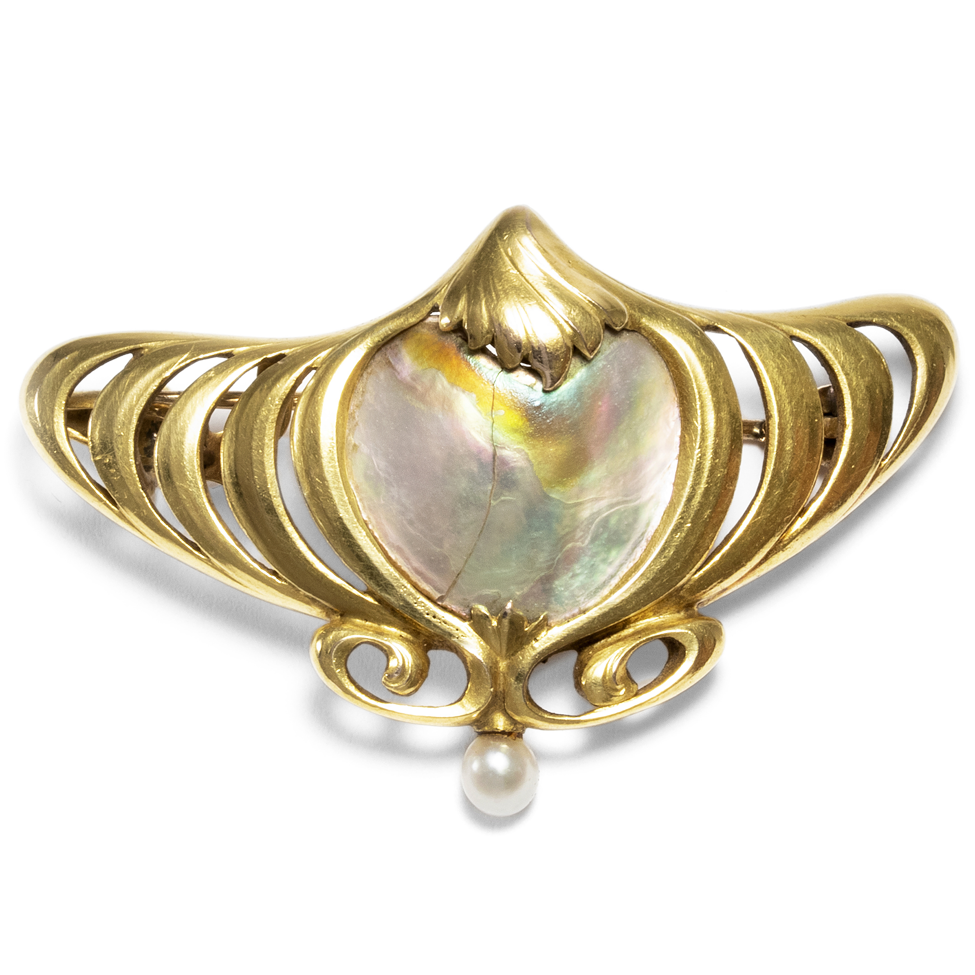 Antique Art Nouveau Brooch Made of Gold With Mother of Pearl & Pearl, ca. 1900